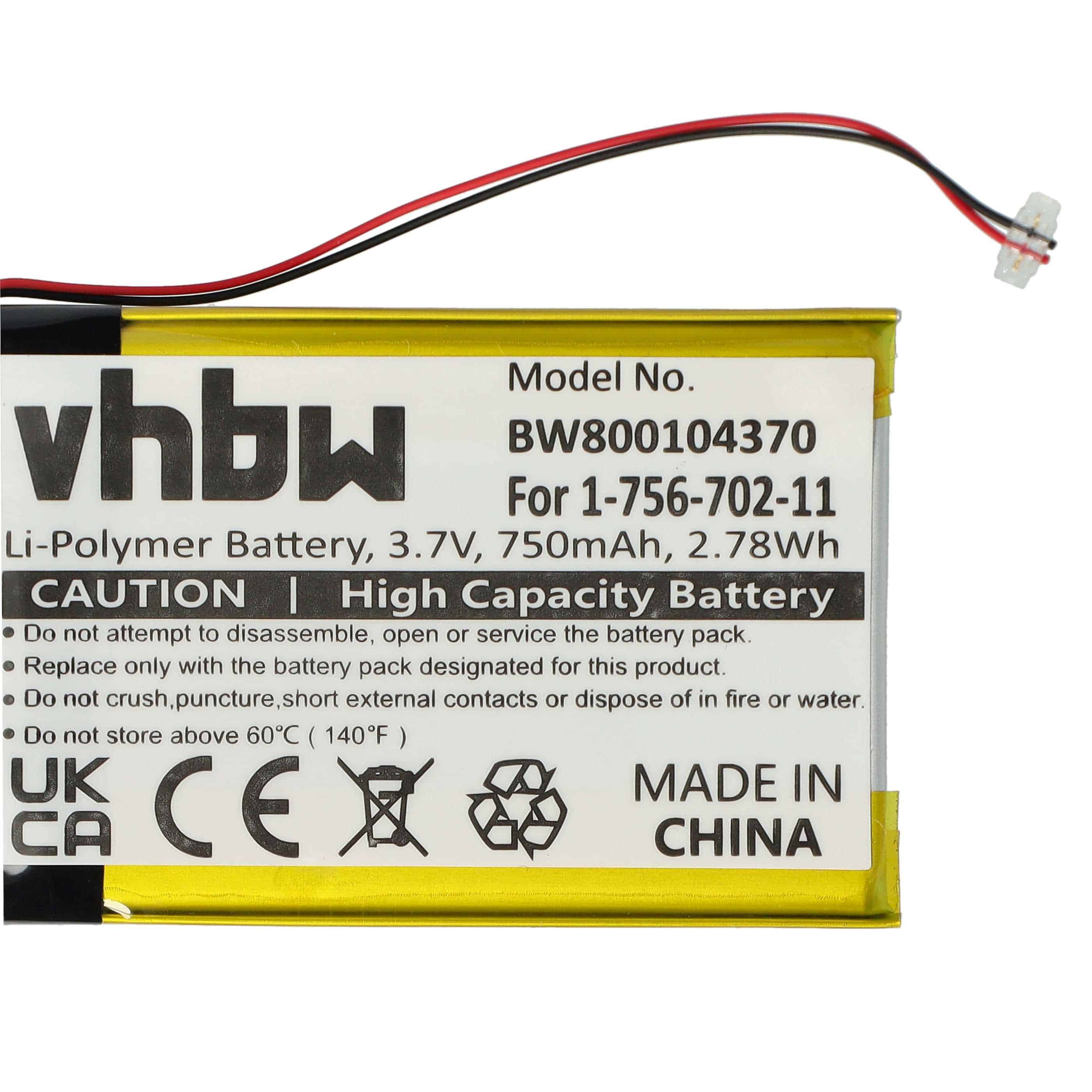 Batterie remplace Sony 1-756-702-11, 1-756-702-12, 8315A32402 pour lecteur MP3 - 750mAh 3,7V Li-ion