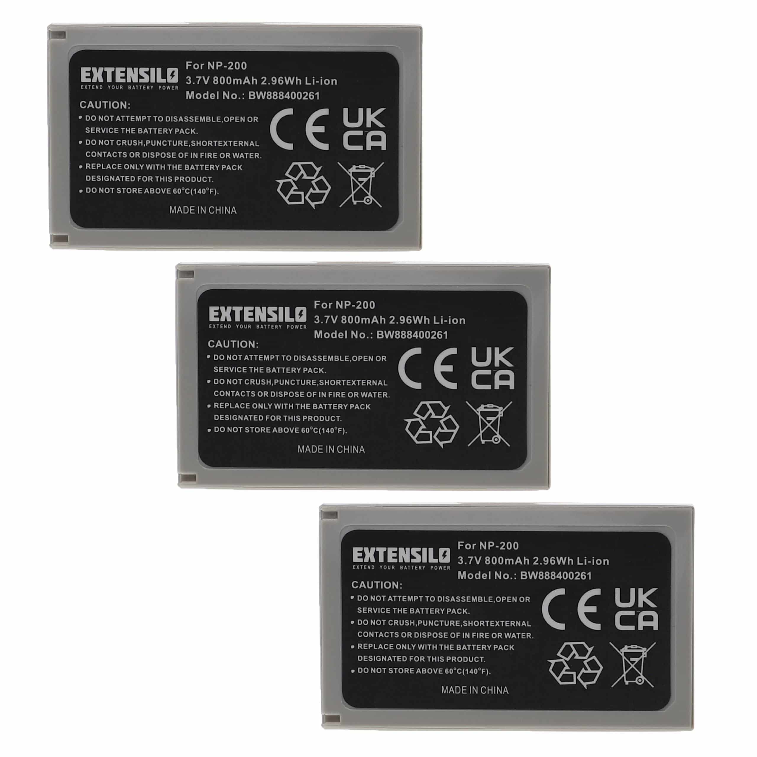 3x Battery replaces Minolta NP-200 - 800mAh, 3.7V, Li-Ion