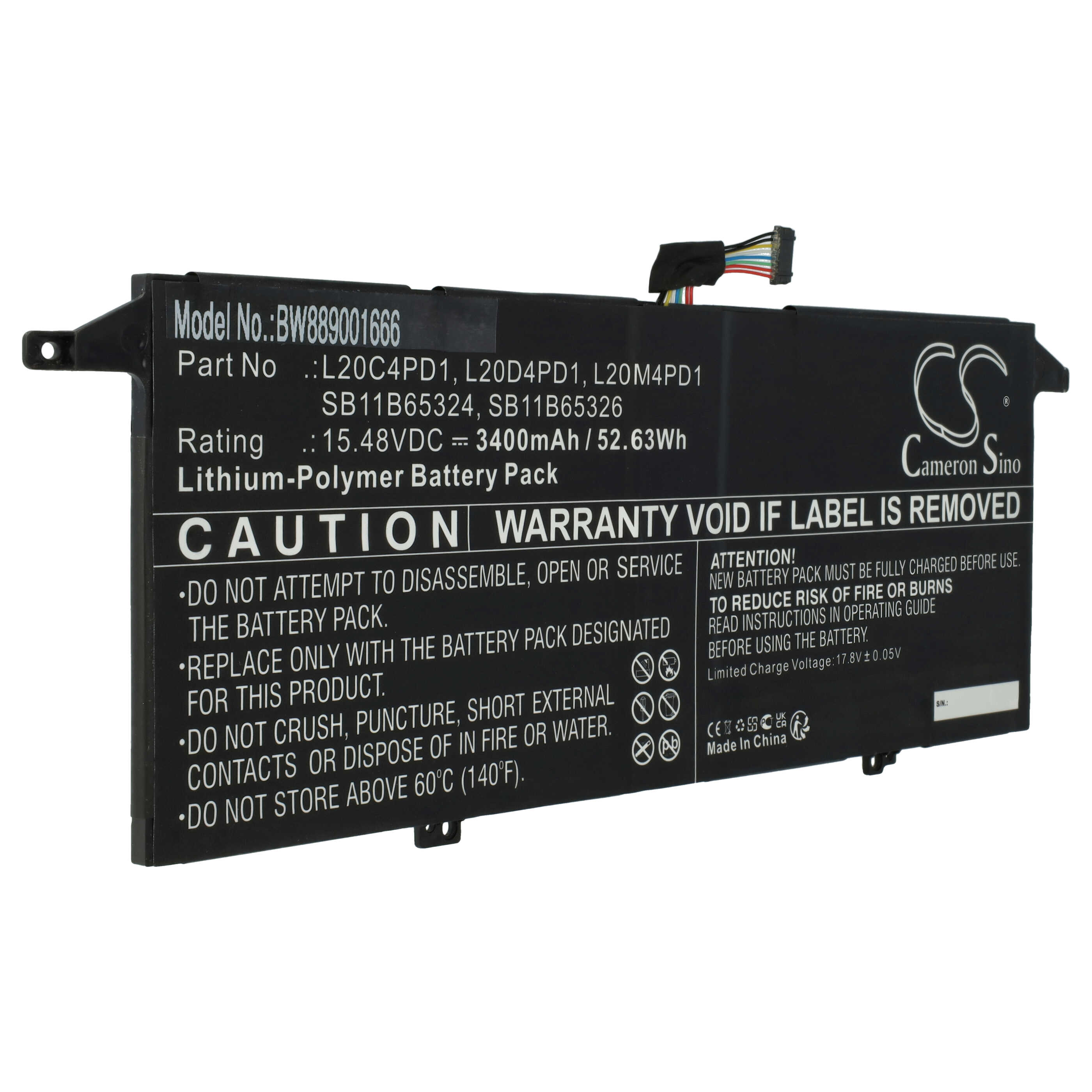 Batterie remplace Lenovo L20M4PD1, L20C4PD1, L20D4PD1 pour ordinateur portable - 3400mAh 15,48V Li-polymère