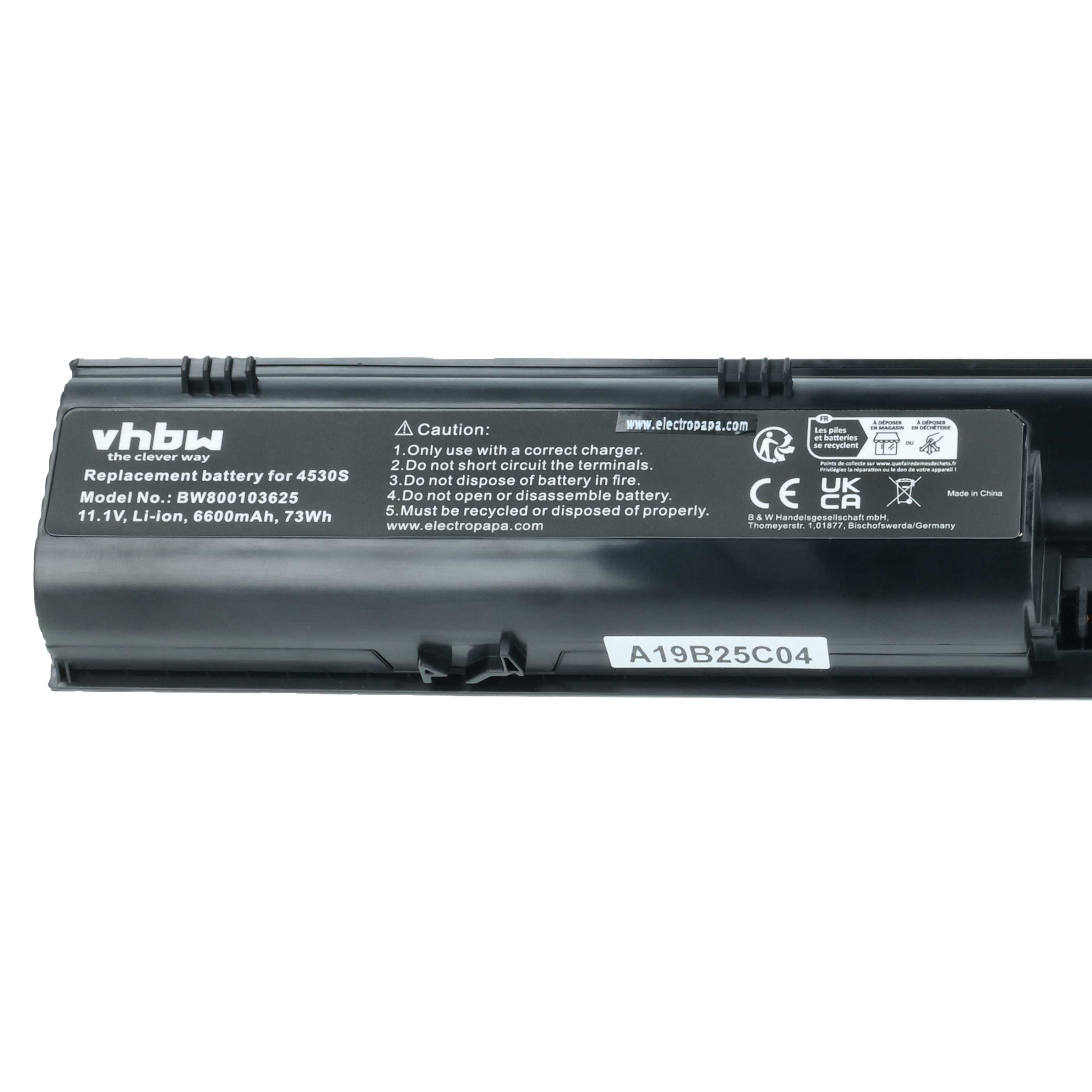 Notebook Battery replaces HP 633733-321, 633733-1A1, 633733-151, 3ICR19/66-2 - 6600 mAh 11.1 V Li-Ion, black