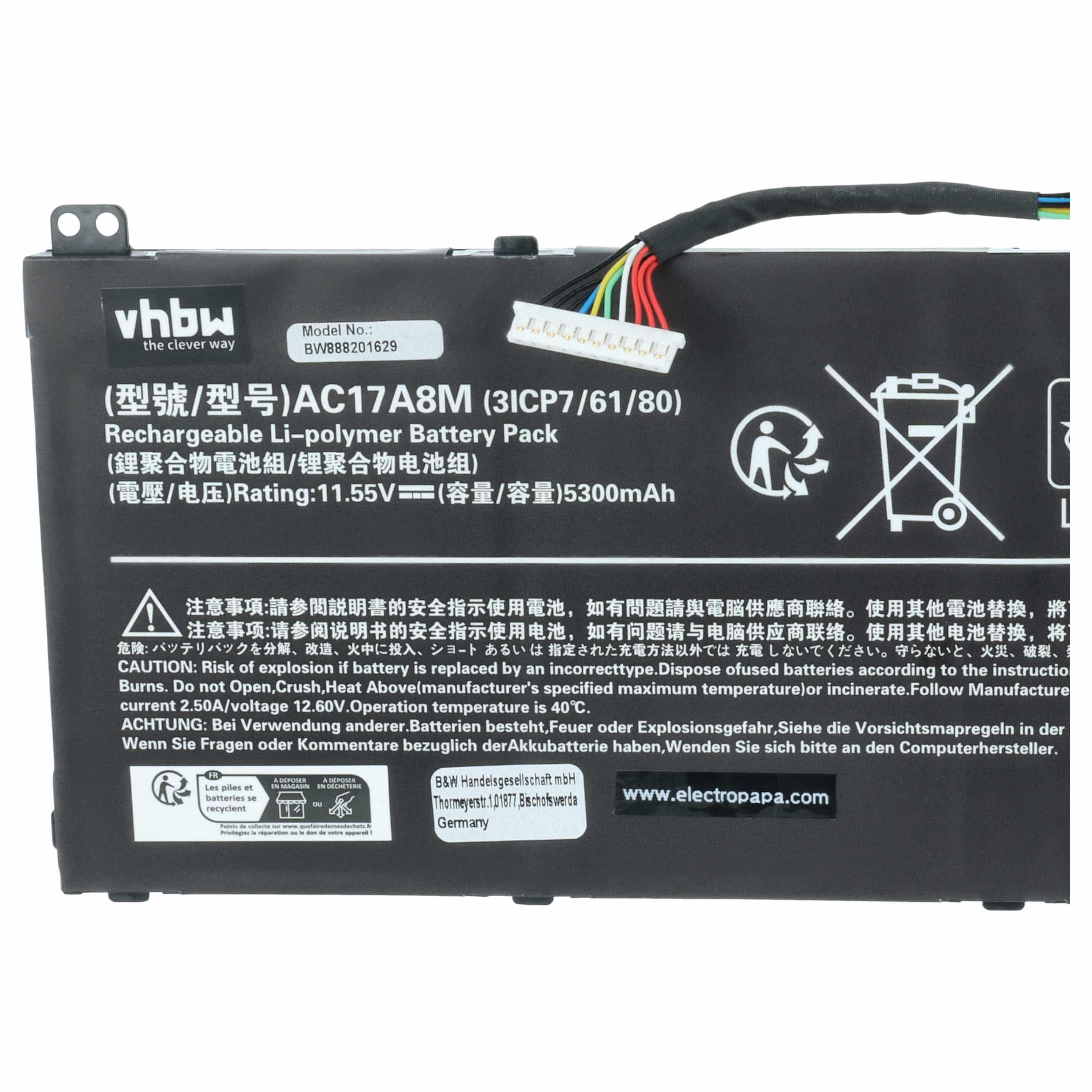 Akumulator do laptopa zamiennik Acer 3ICP7/61/80, AC17A8M - 5300 mAh 11,55 V Li-Ion, czarny