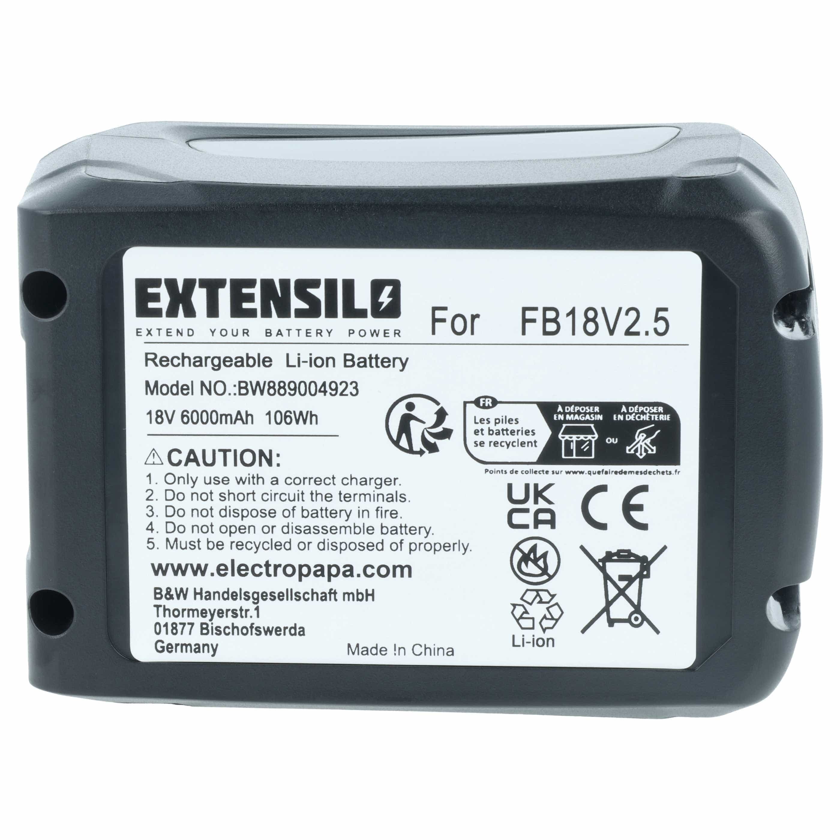 Battery replaces Flymo FB18V2.5 - 6000 mAh 18 V Li-Ion, black