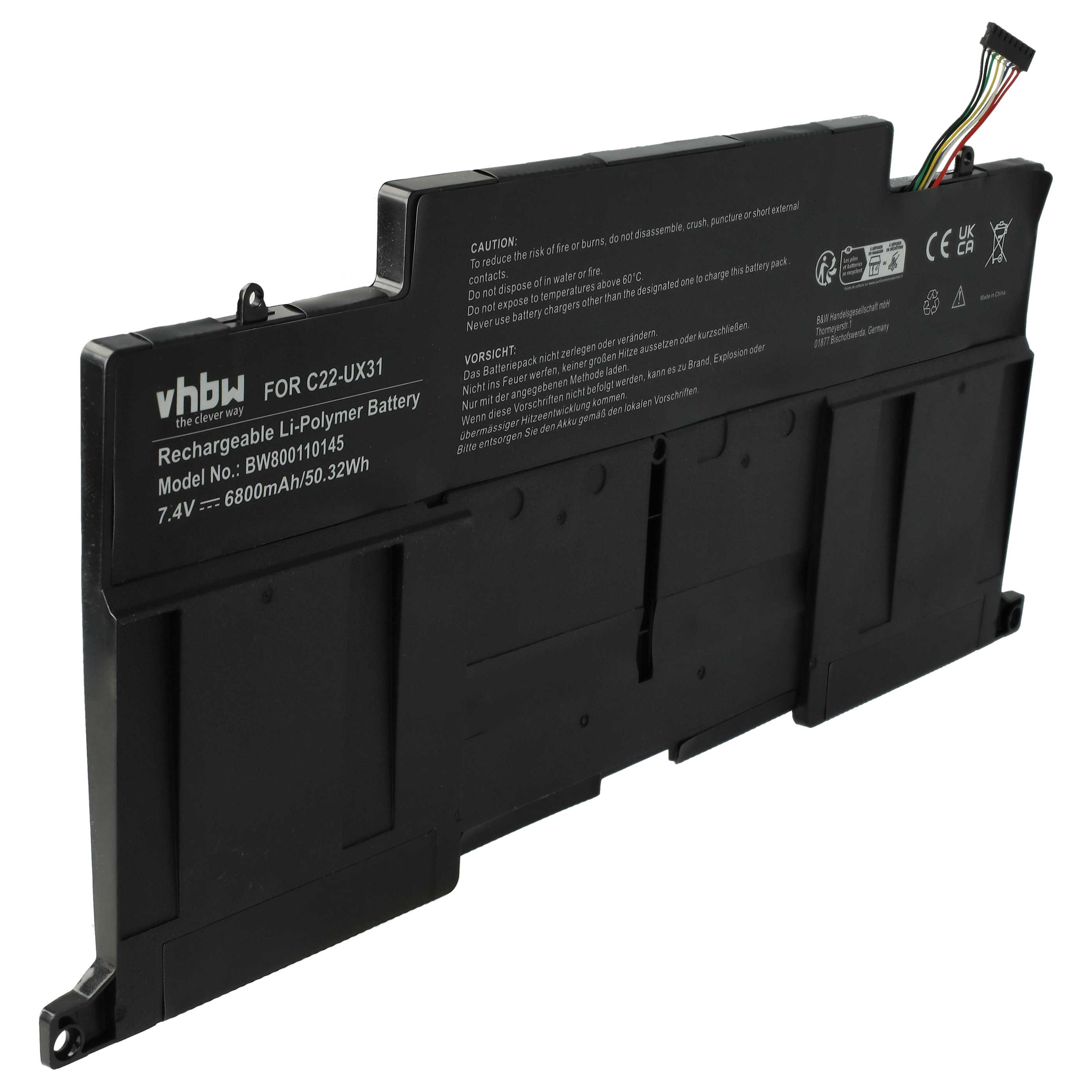 Notebook-Akku als Ersatz für Asus C22-UX31 - 6800mAh 7,4V Li-Polymer, schwarz