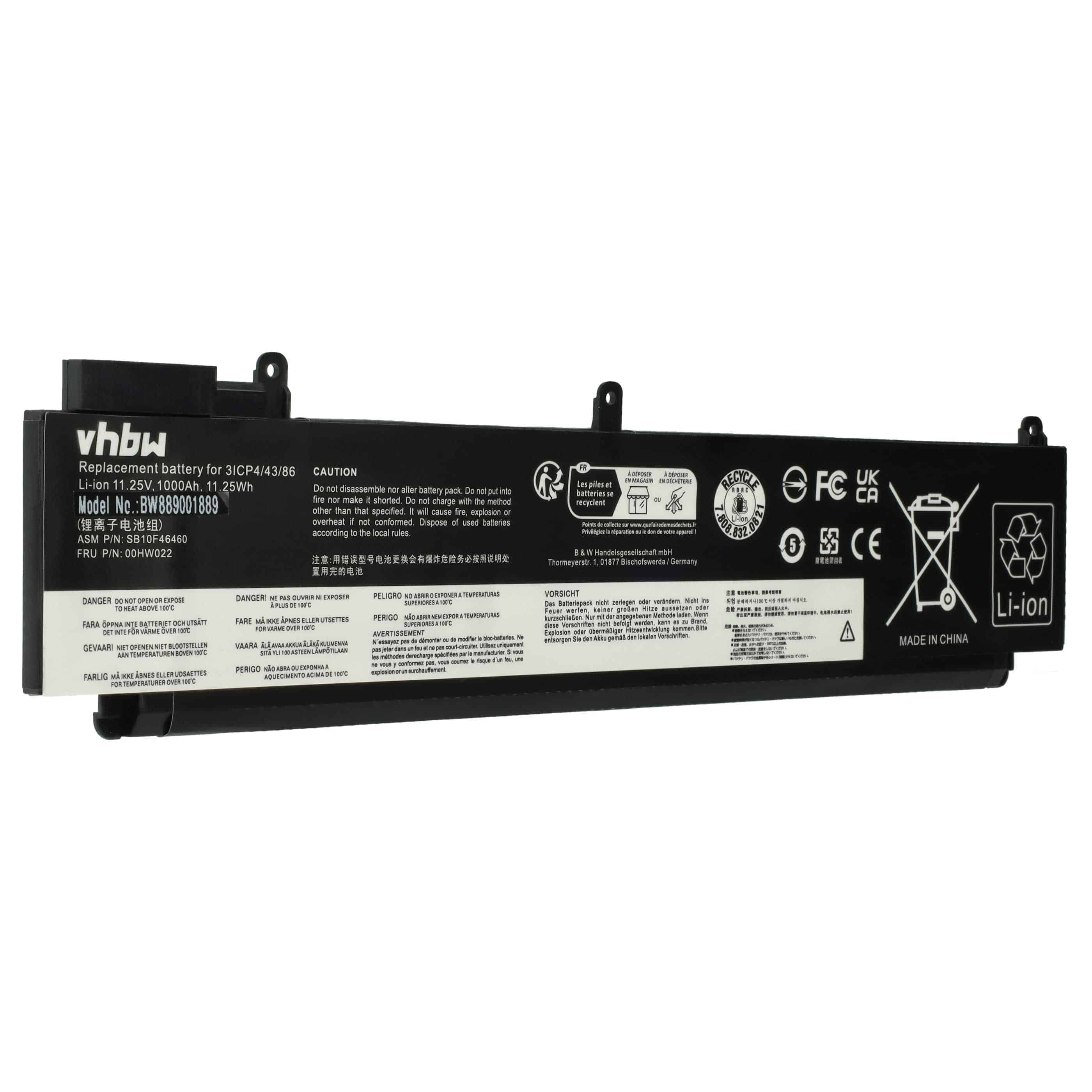 Batterie remplace Lenovo 00HW022, 00HW023, 00HW024 pour ordinateur portable - 1000mAh 11,25V Li-polymère