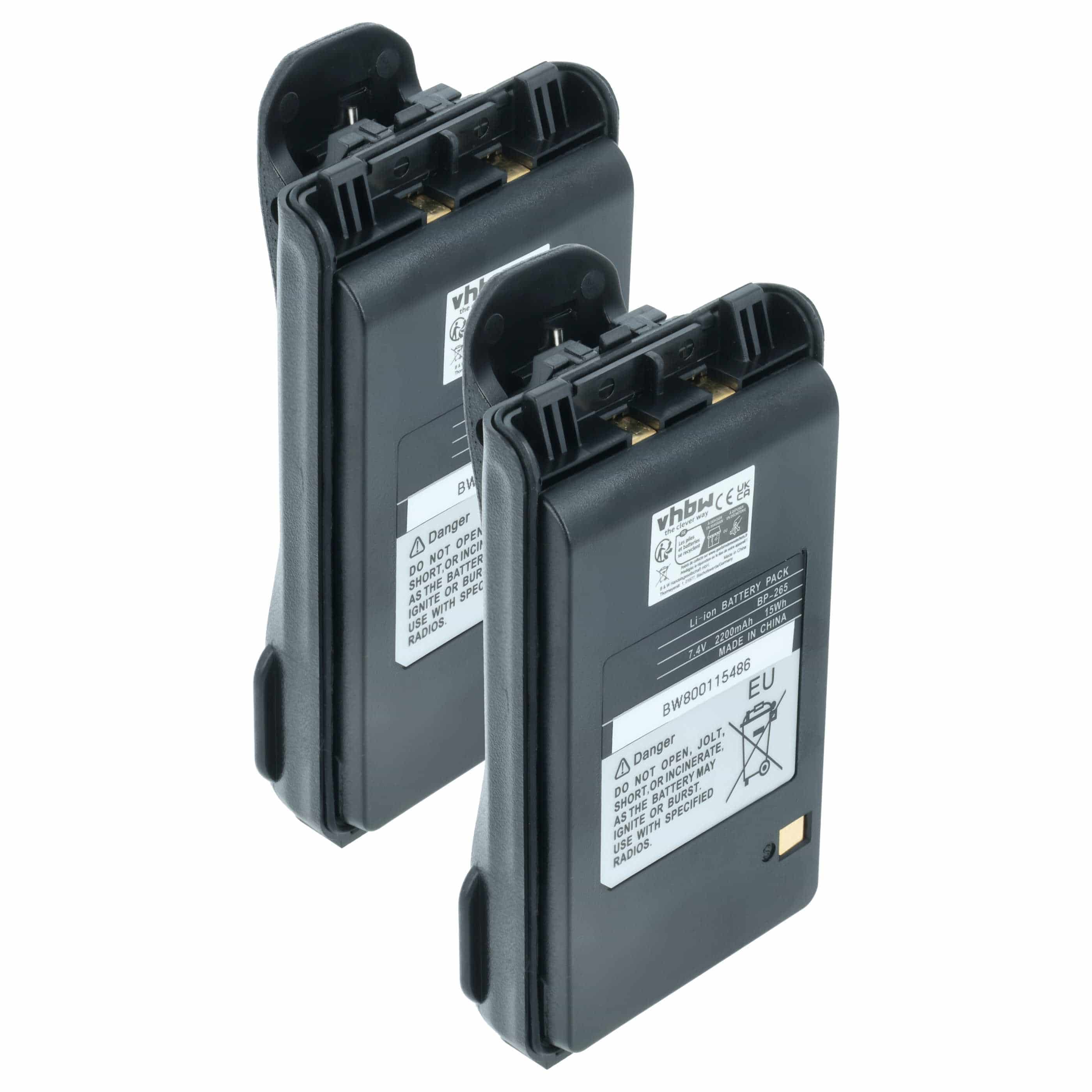 Radio 2x Battery replaces Icom BP-265LI, BP-265 - 2200 mAh 7.4 V Li-Ion + Belt Clip
