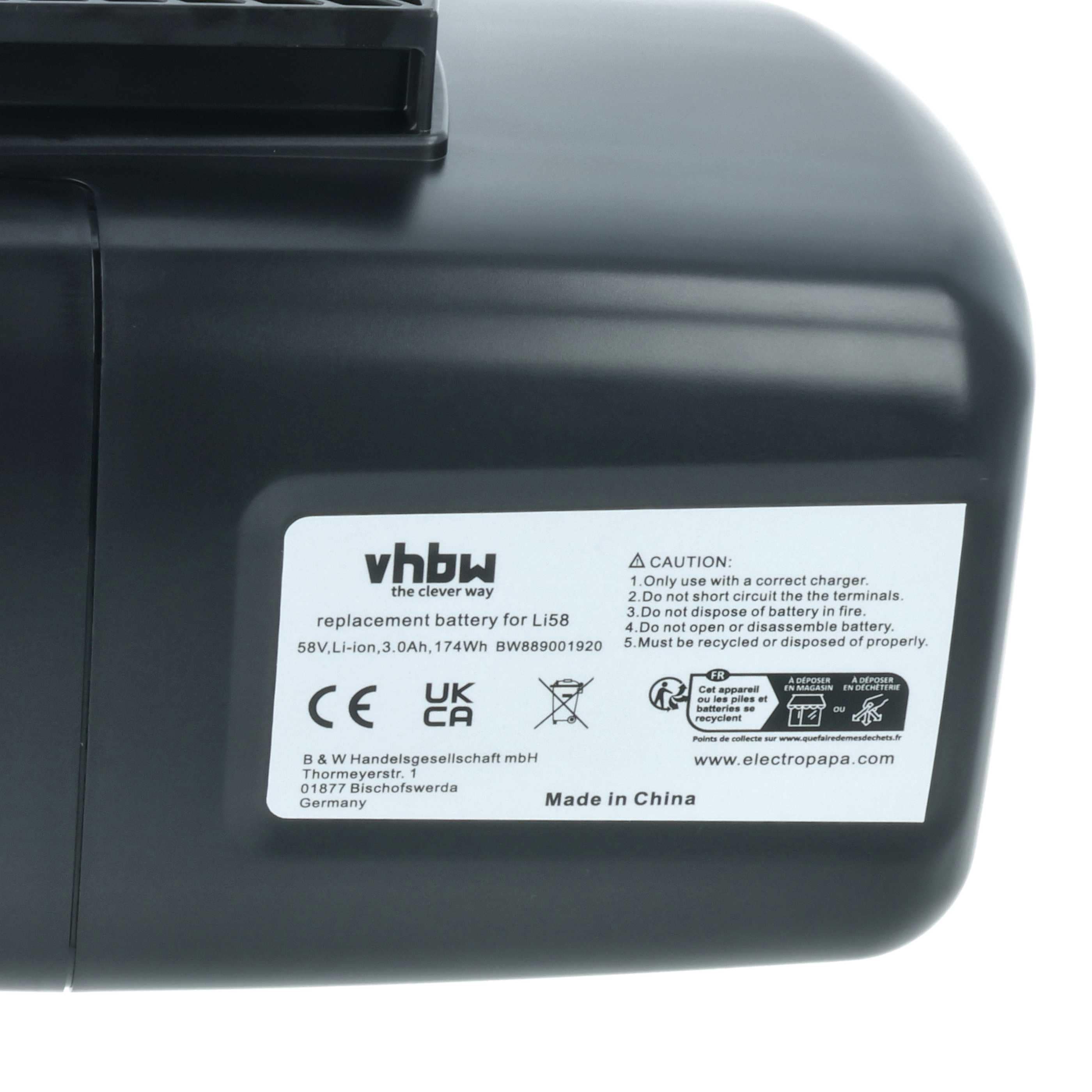Battery replaces McCulloch 59-09.238.03, 582611701, 590810401 Electric Power Tool - 3000 mAh, 58 V, Li-Ion