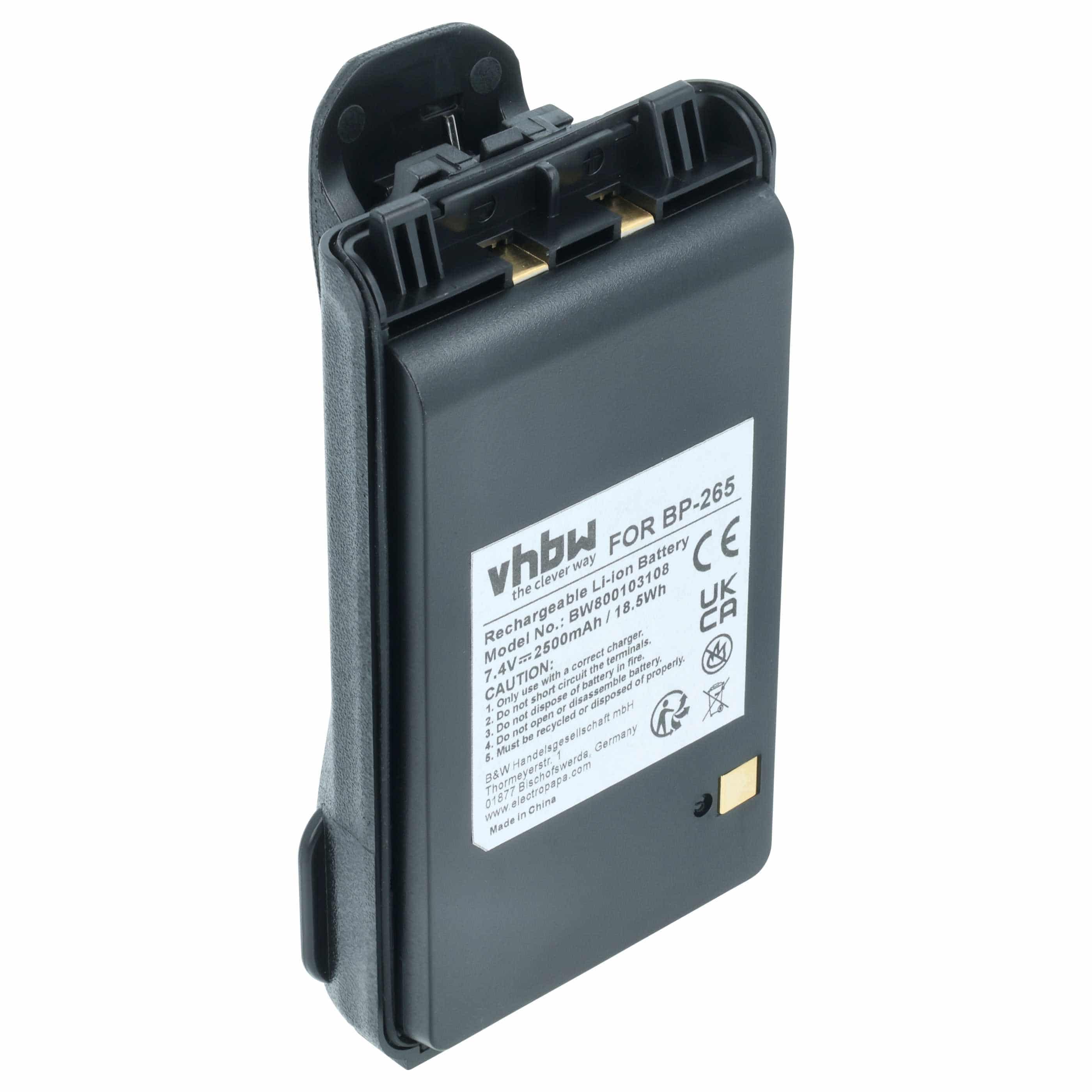 Radio Battery replaces Icom BP-265LI, BP-265 - 2500 mAh 7.4 V Li-Ion + Belt Clip