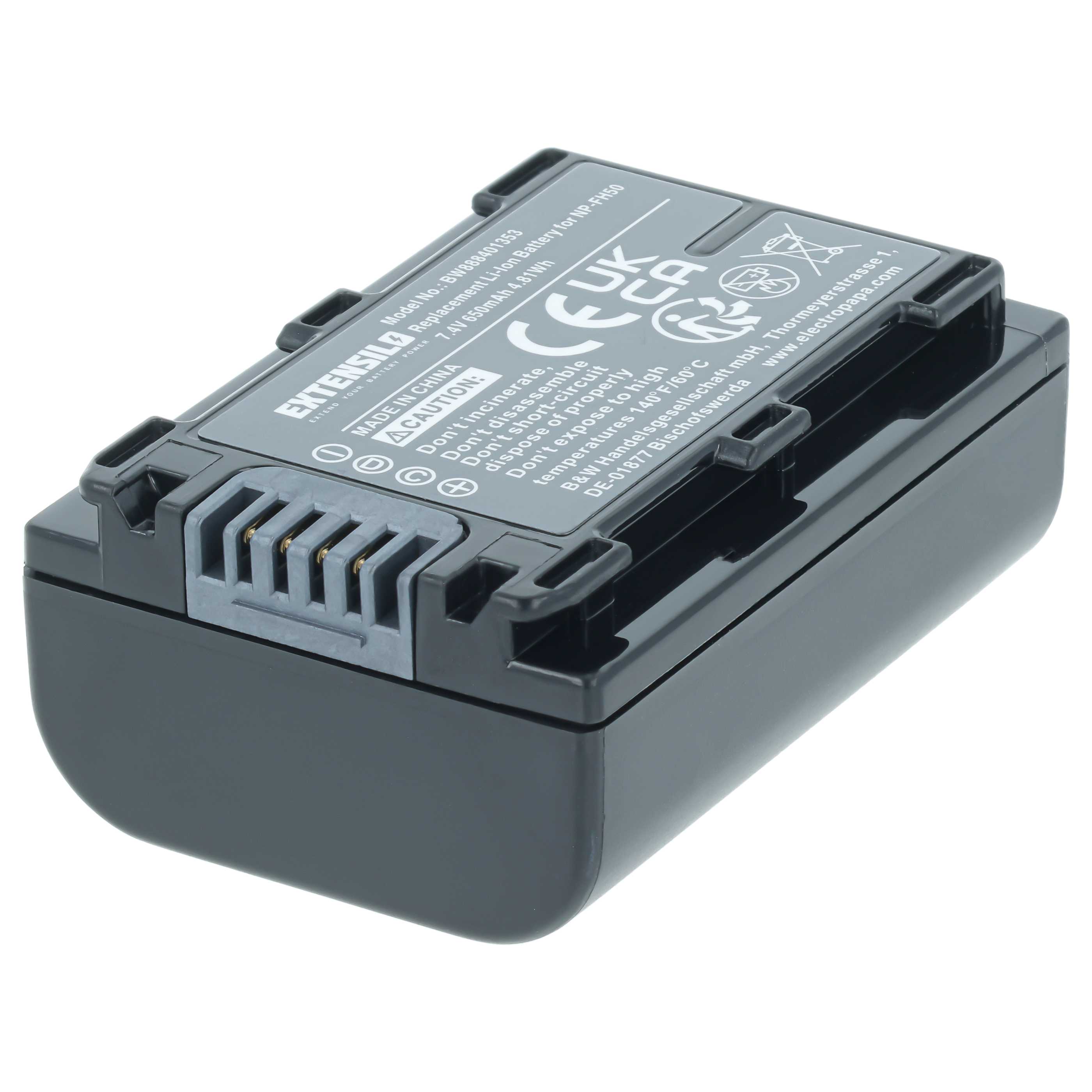 Batteria sostituisce Sony NP-FH70, NP-FH40, NP-FH100, NP-FH50 per fotocamera - 650mAh 7,2V Li-Ion