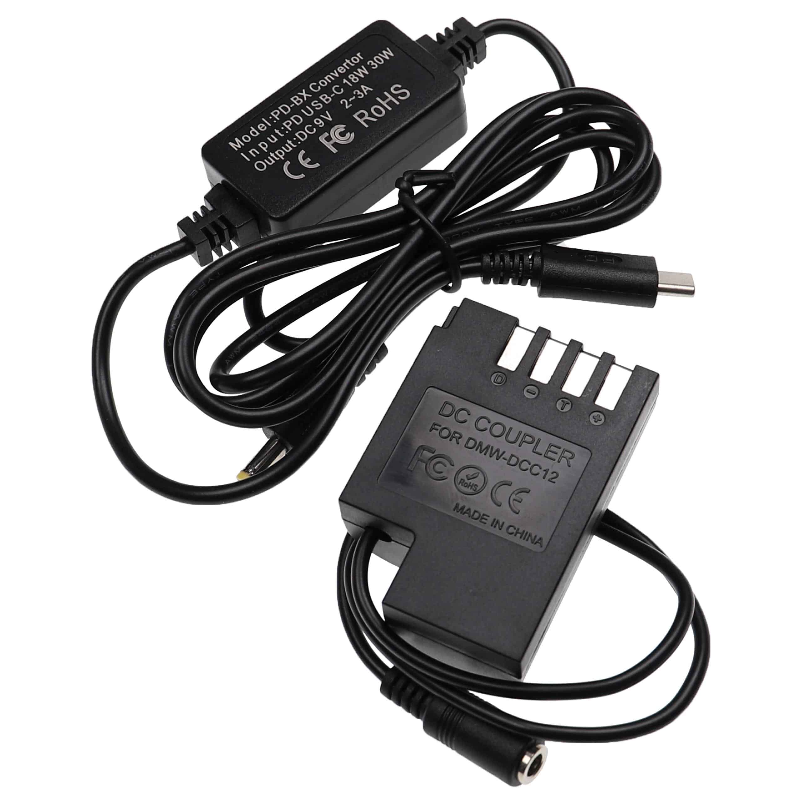 Alimentador USB C reemplaza Panasonic DMW-AC8 para cámara Panasonic + acoplador CC como Panasonic DMW-DCC12