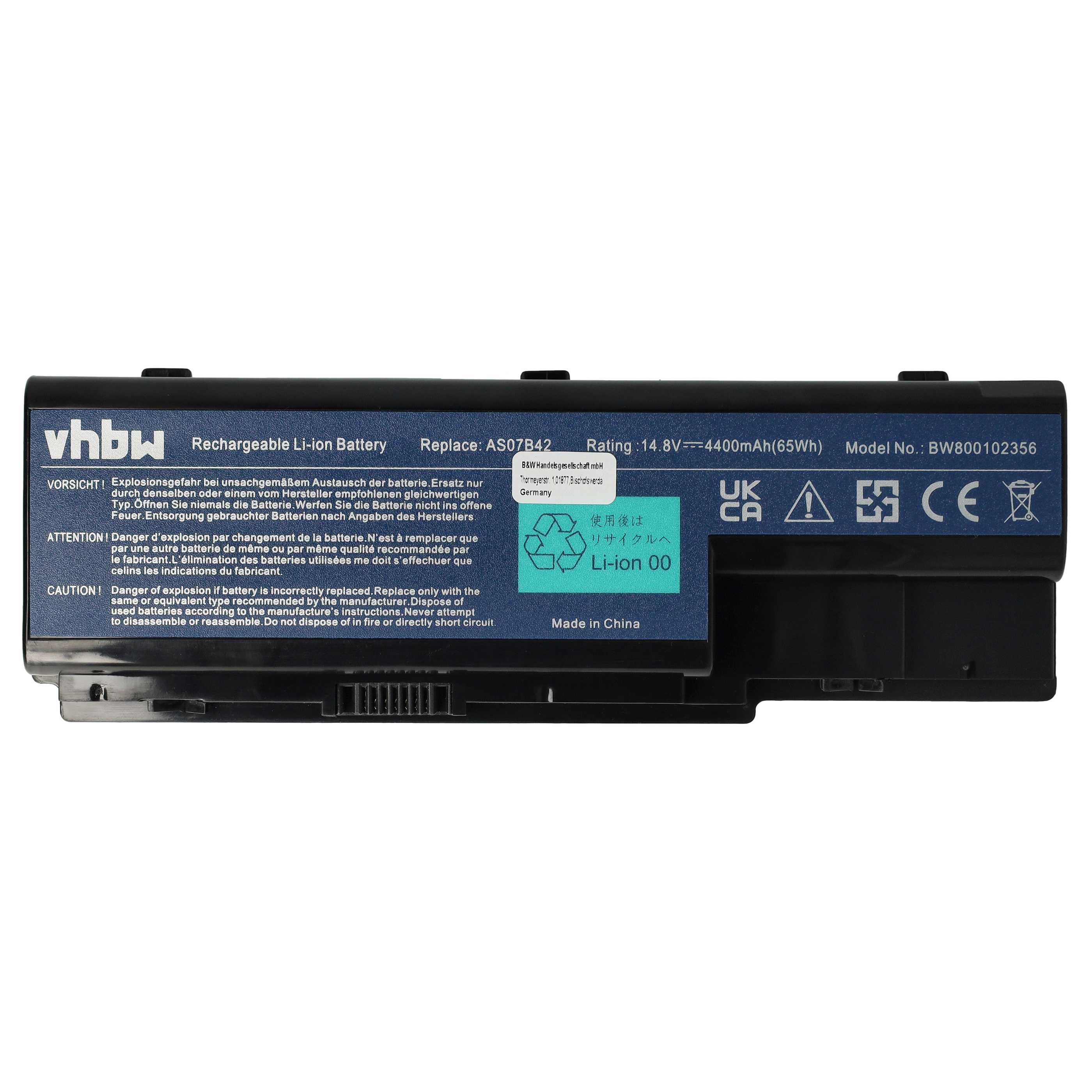 Notebook Battery Replacement for Acer 01AS-2007B, AS07B32, AK.006BT.019 - 4400 mAh 14.8 V Li-Ion, black