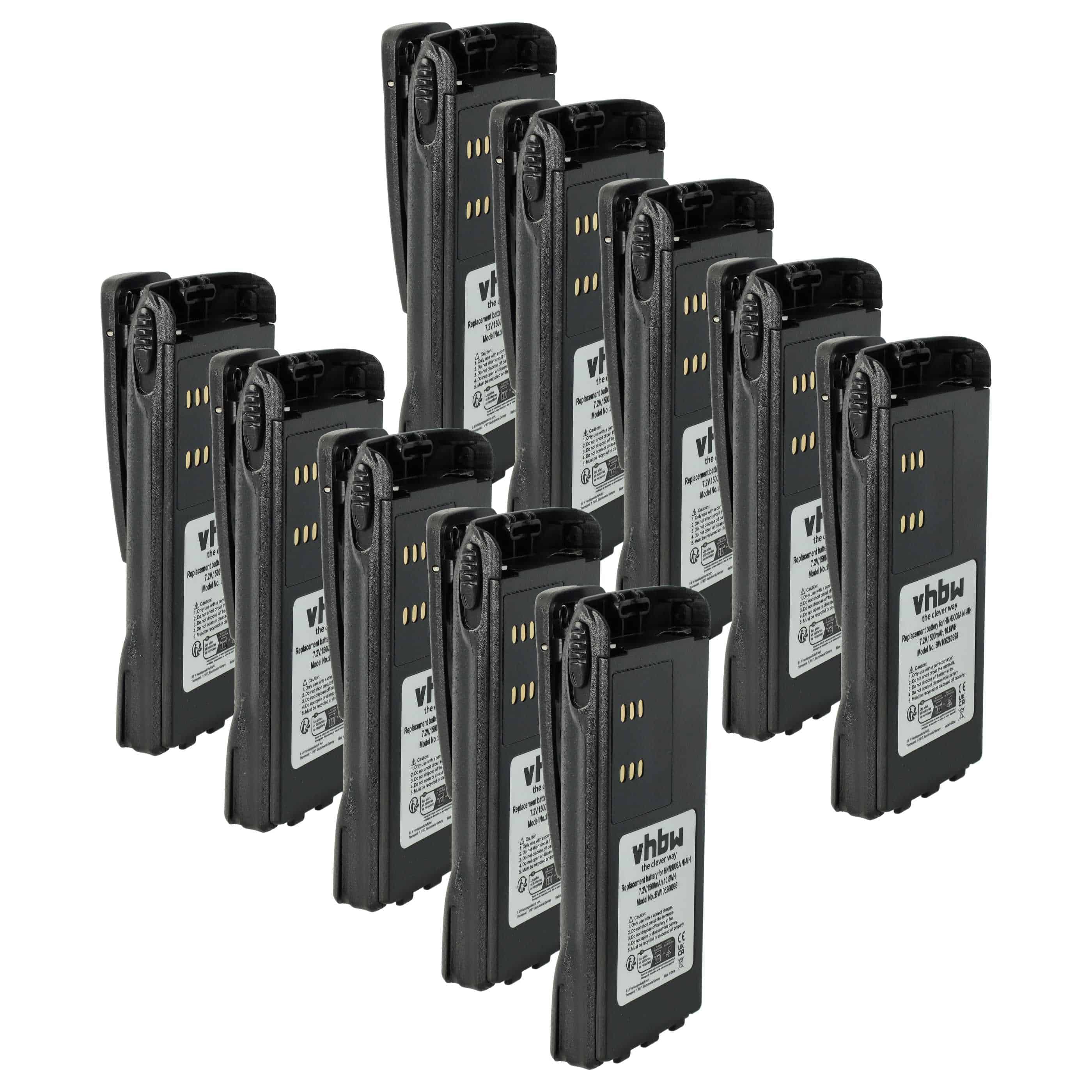 Radio 10x Battery replaces Motorola HMNN4151, HMNN4154, HMNN4158, HMNN4159 - 1500 mAh 7.2 V NiMH + Belt Clip