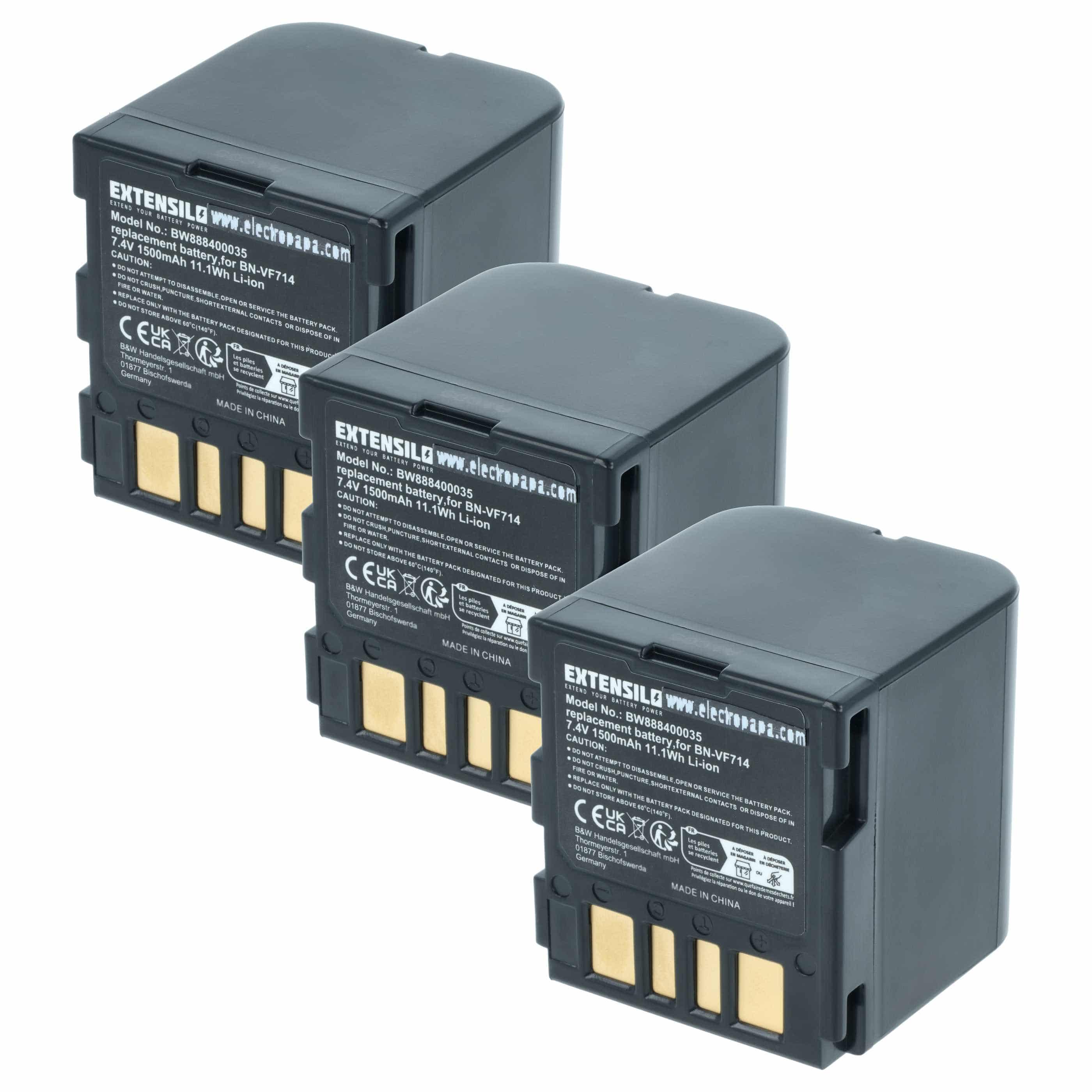 3x Battery replaces JVC BN-VF707, BN-VF707U, BN-VF714, BN-VF714U, BN-VF733, BN-VF733U - 1500mAh, 7.4V, Li-Ion