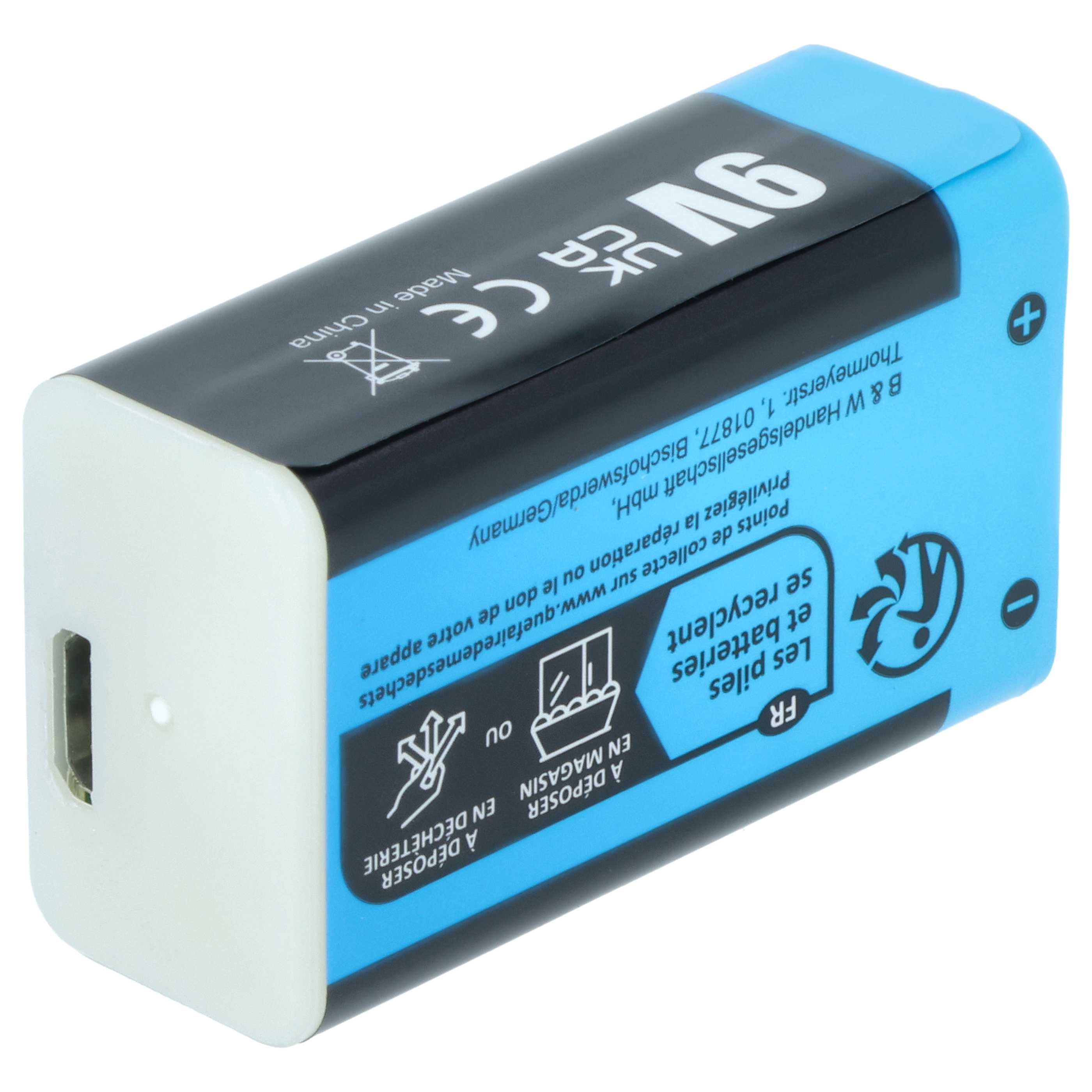 9V Akku (3 Stück) als Ersatz für Daitem BATV13 - 1 Ah 9V Li-Ion mit Micro USB Buchse - universell einsetzbar