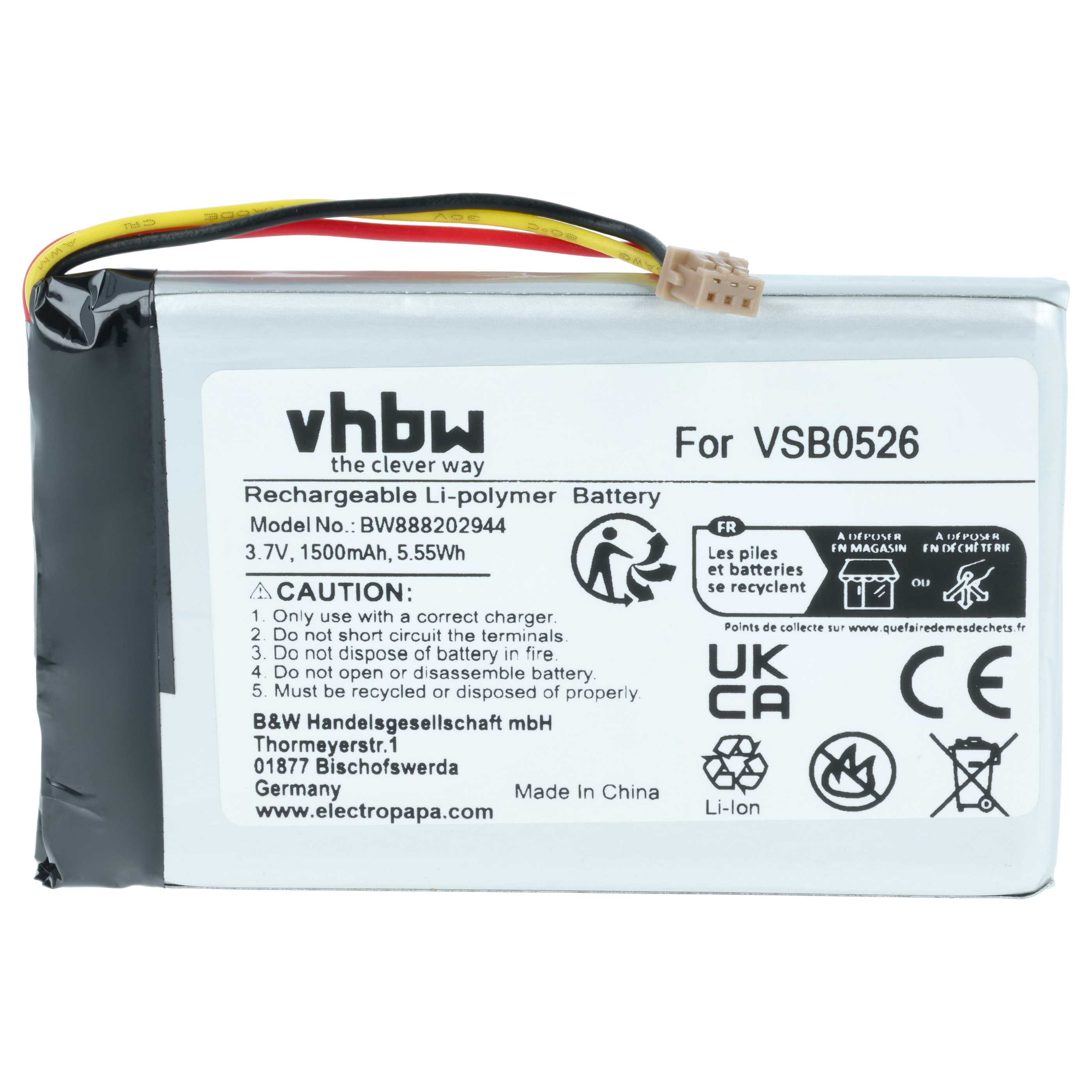 Battery replaces Panasonic VSB0526 - 1500mAh, 3.7V, Li-polymer
