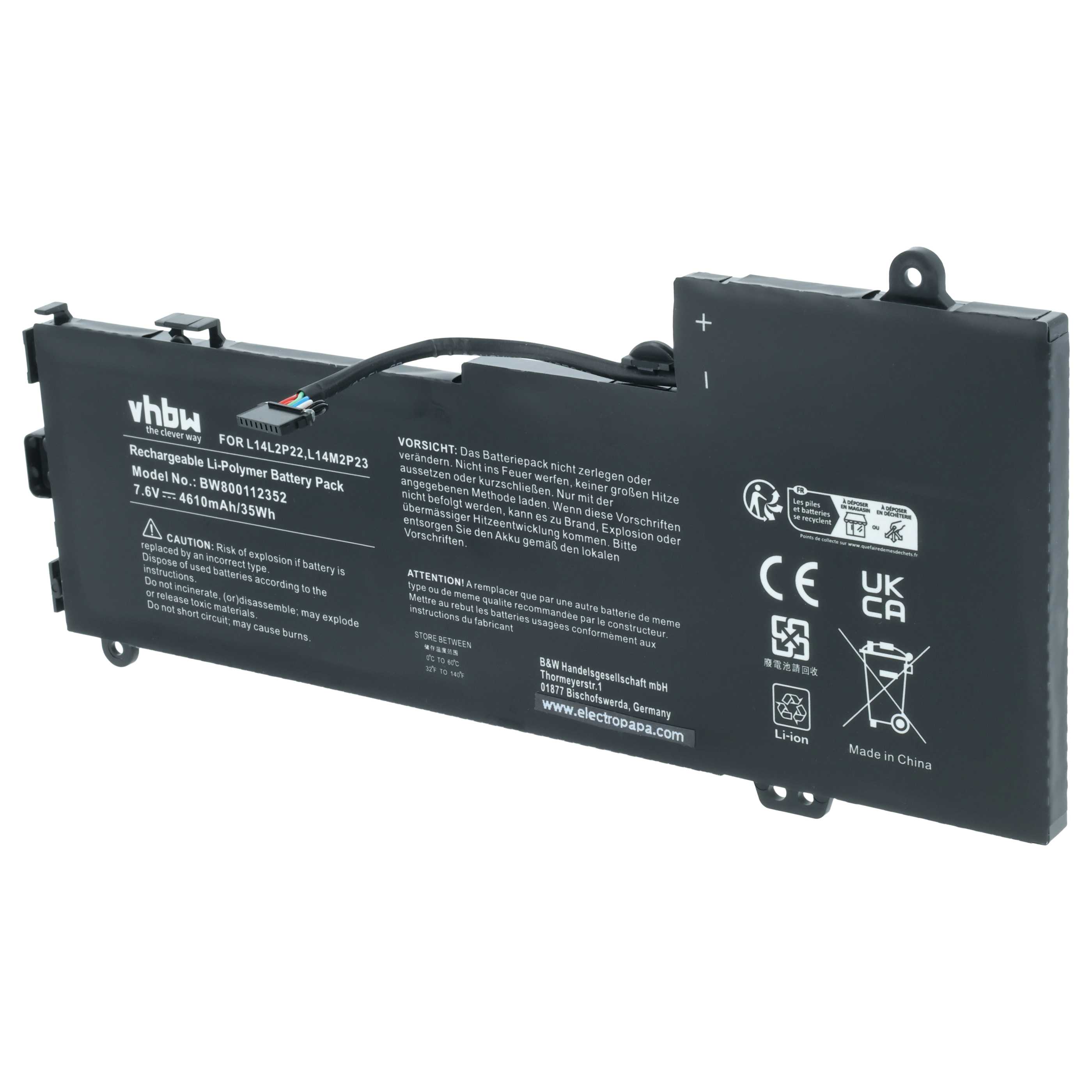 Notebook-Akku als Ersatz für Lenovo L14M2P24, L14L2P22, L14S2P22 - 4610mAh 7,6V Li-Polymer, schwarz