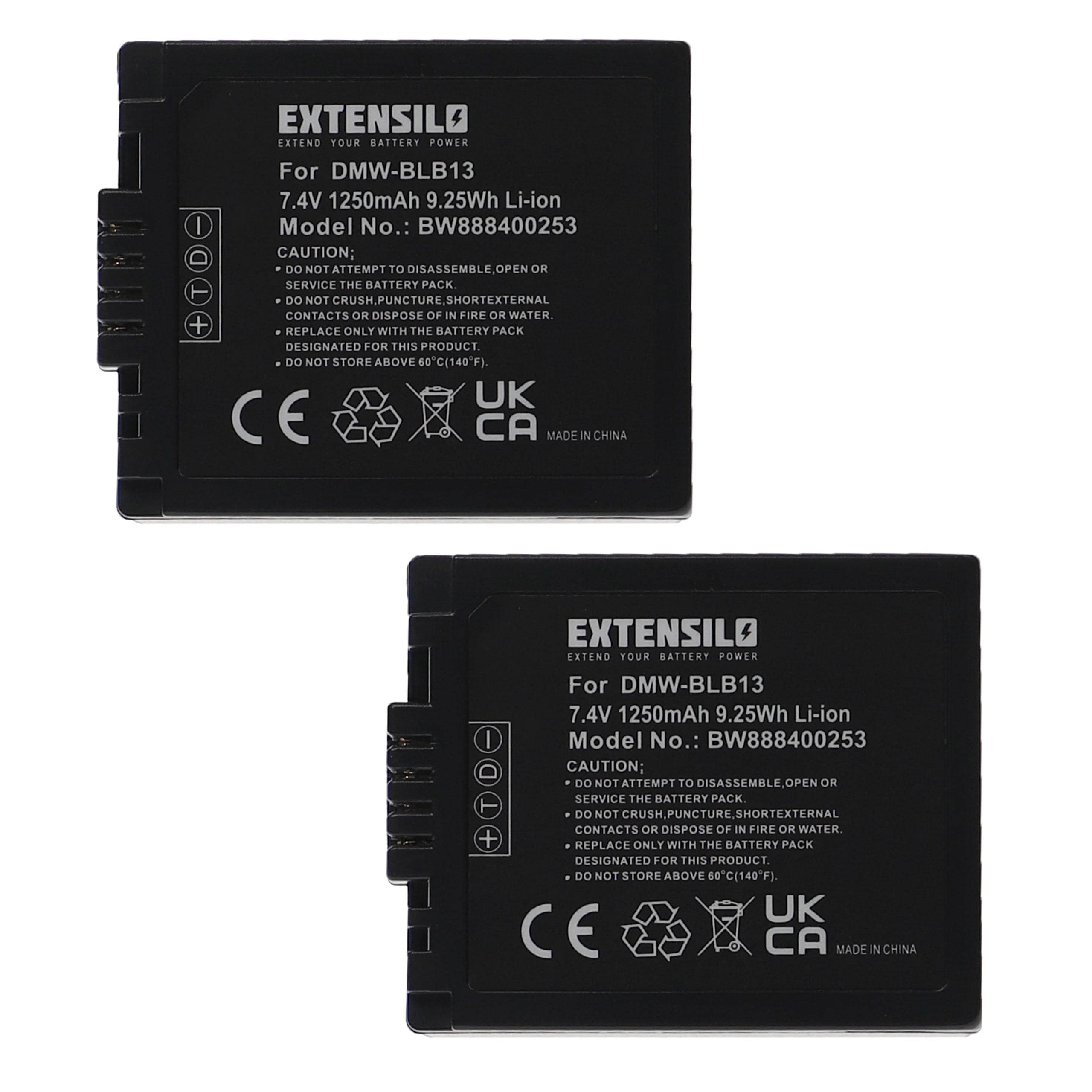 2x Battery replaces Panasonic DMW-BLB13, DMW-BLB13E, DMW-BLB13GK, DMW-BLB13PP - 1250mAh, 7.4V, Li-Ion