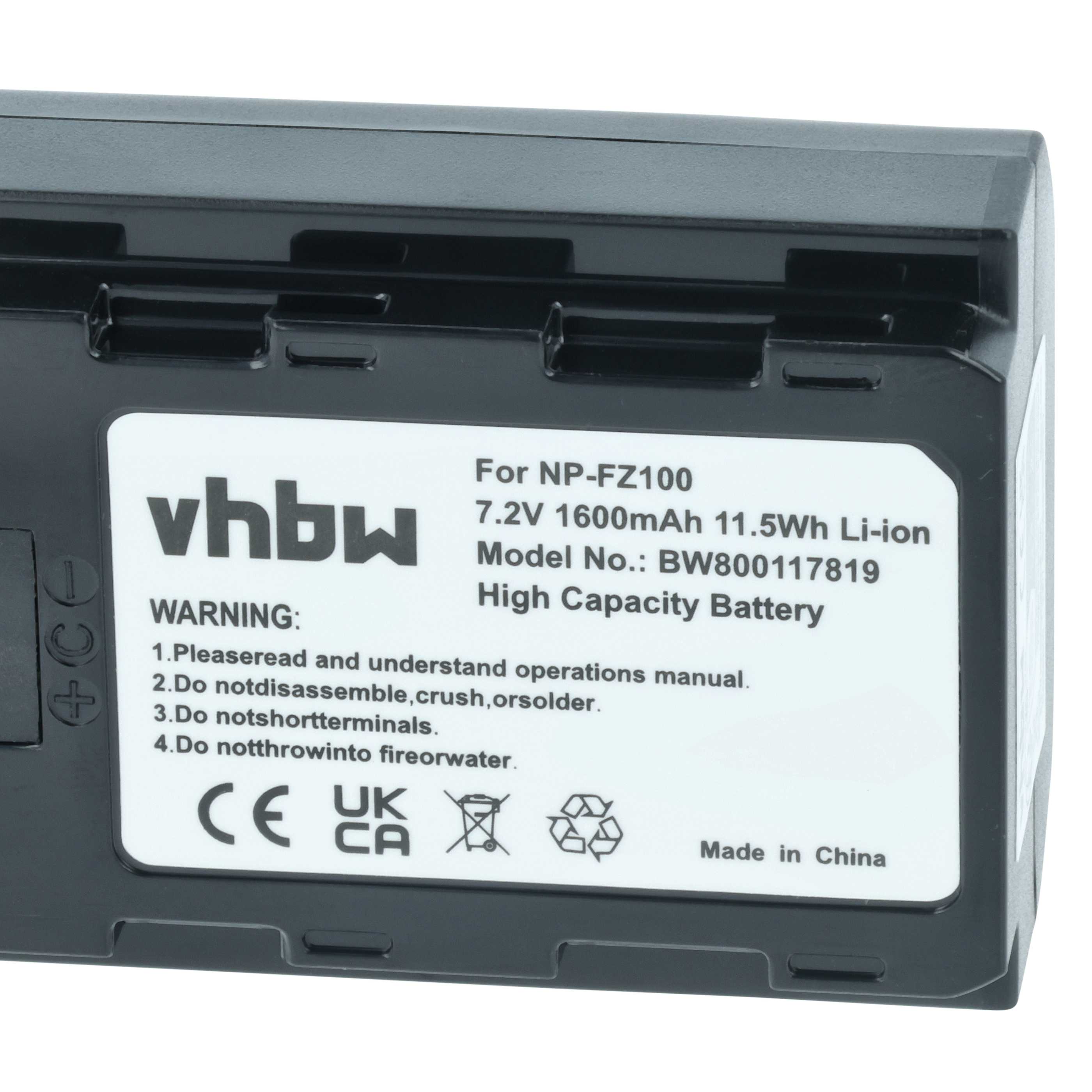 Battery replaces Sony NP-FZ100 - 1600mAh, 7.2V, Li-polymer