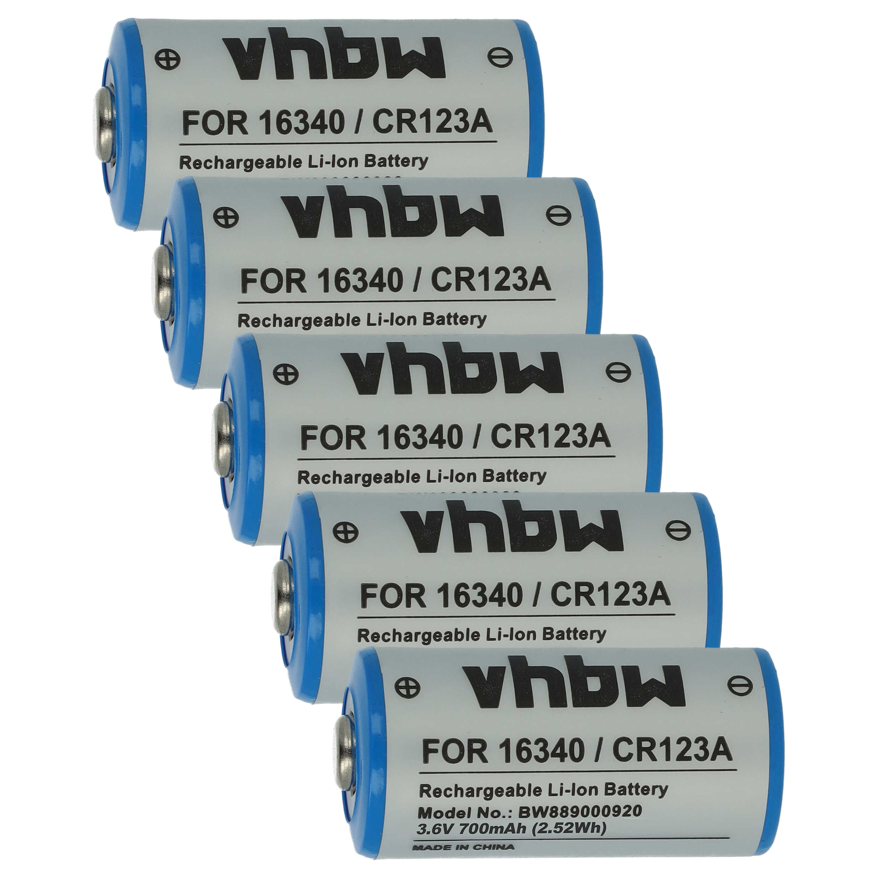 Batteries (5x pièces) remplace 16340, CR123R, CR17335, CR17345, CR123A - 700mAh 3,6V Li-ion, 1x cellules