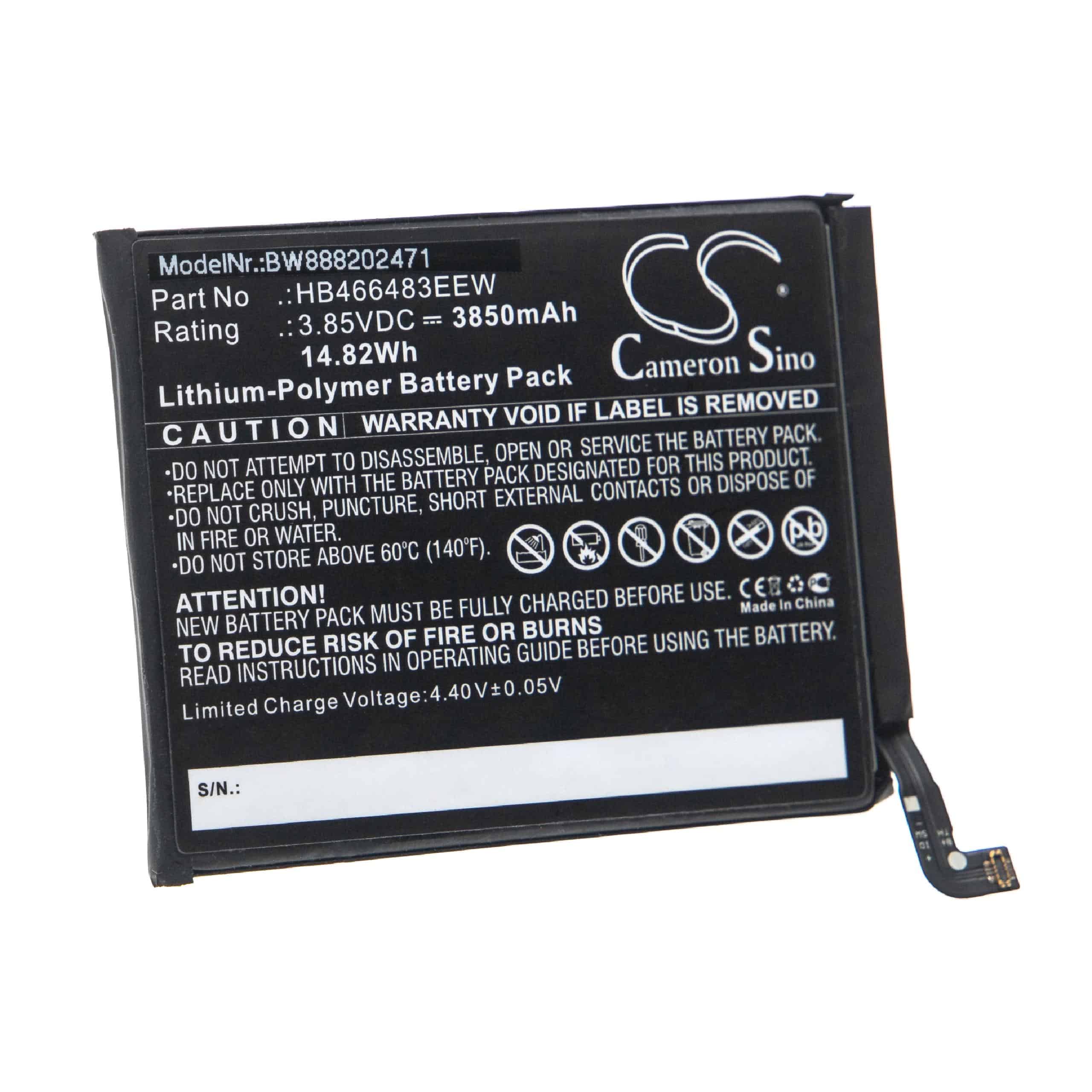 Batterie remplace Huawei HB466483EEW pour téléphone portable - 3850mAh, 3,85V, Li-polymère