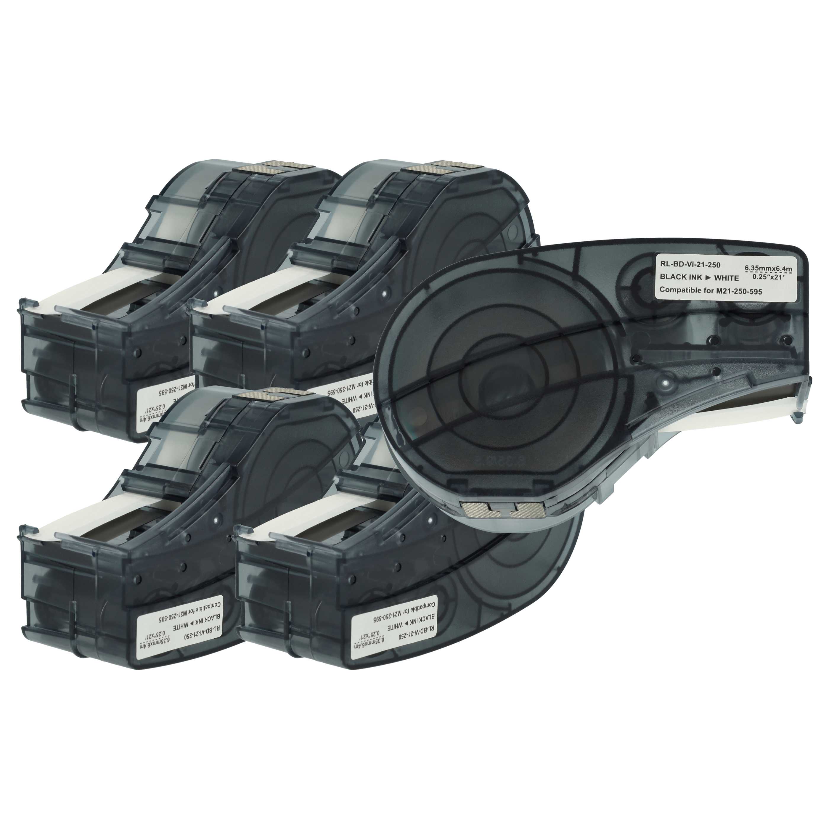 5x Label Tape as Replacement for Brady M21-250-595-WT - 6.35 mm Black to White, Vinyl