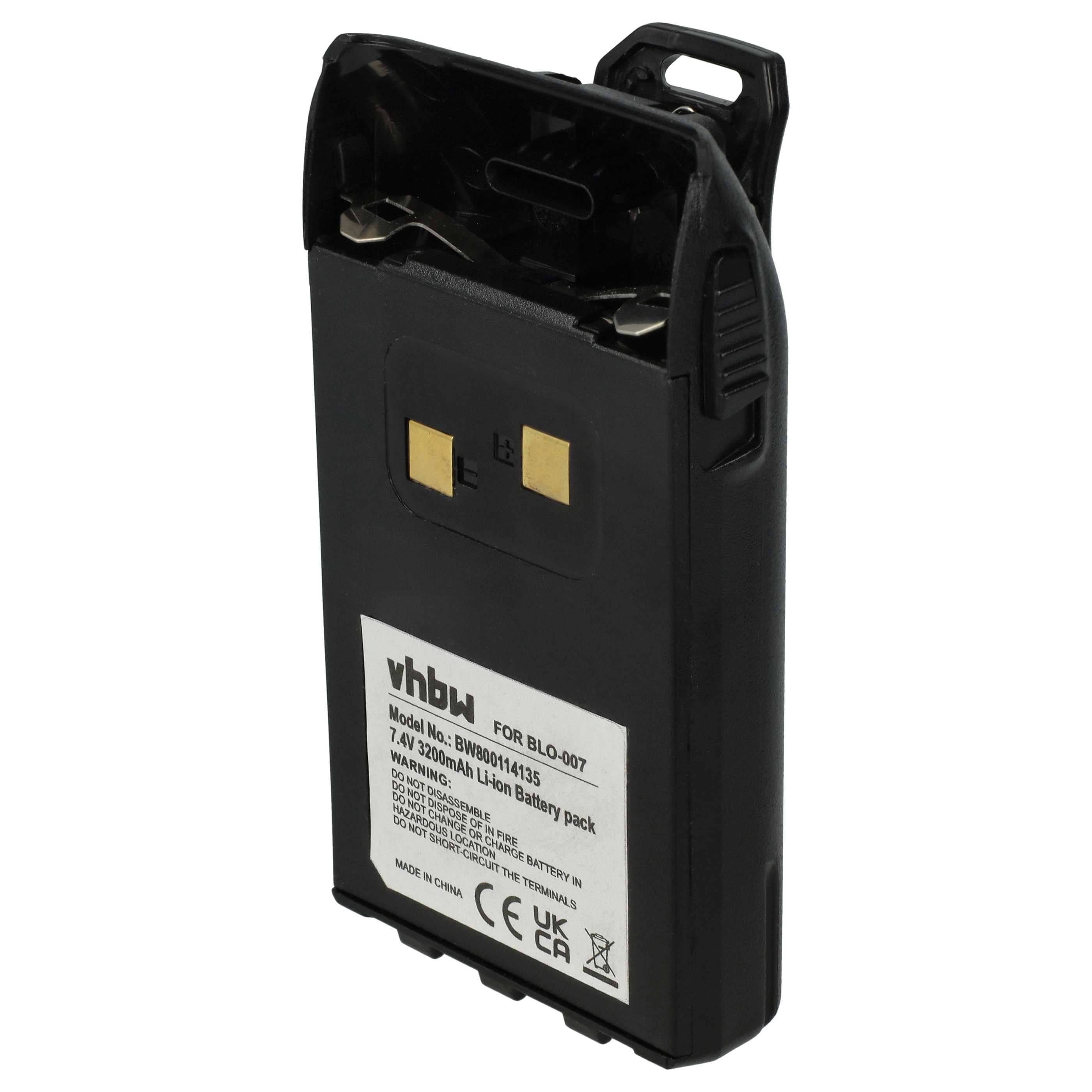 Radio Battery replaces BLO-004, BLO-007, BLO-001 - 3200 mAh 7.4 V Li-Ion + Belt Clip