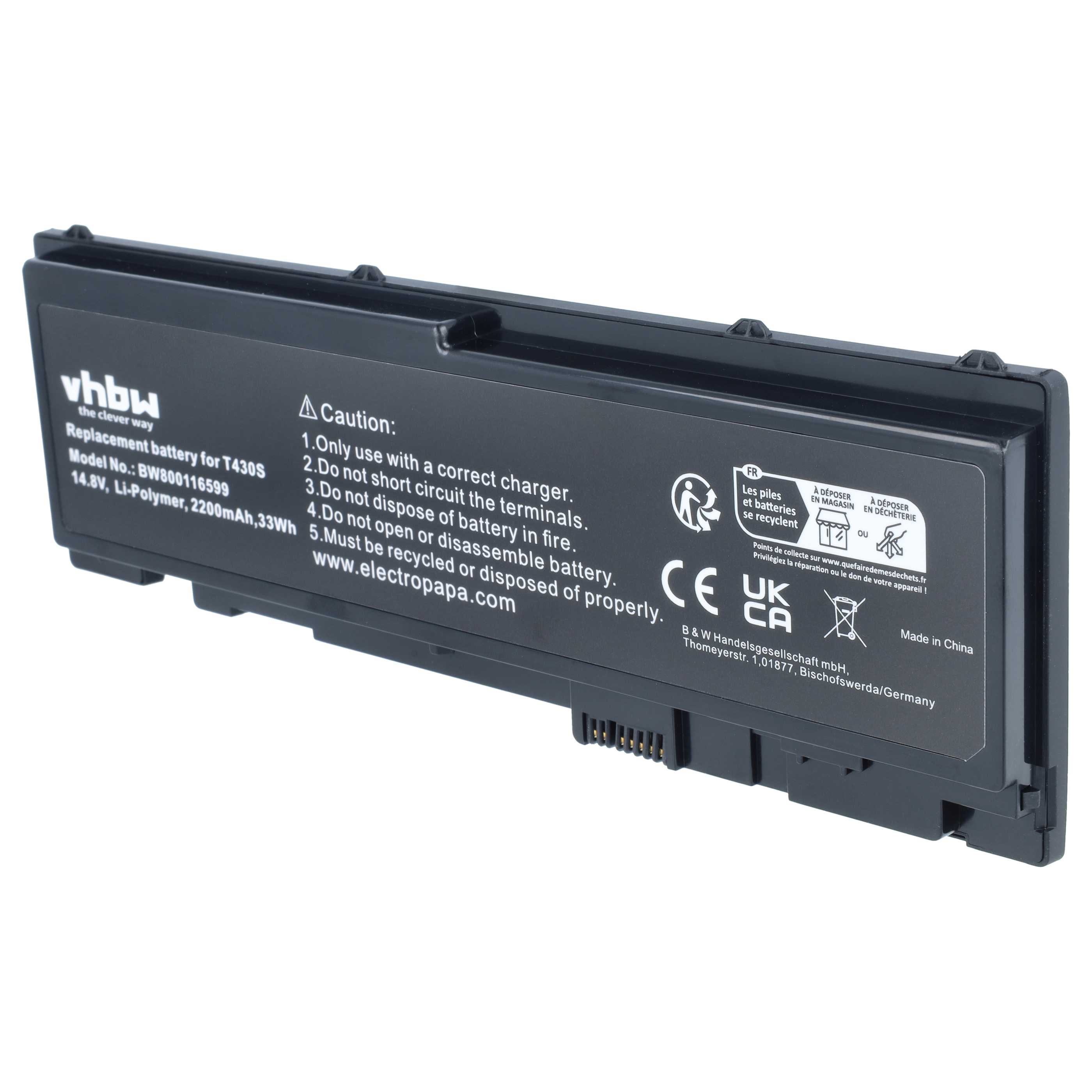 Notebook Battery replaces Lenovo 0A36309, 0A36287, 42T4845, 42T4846, 42T4844 - 2200 mAh 14.8 V Li-Ion, black