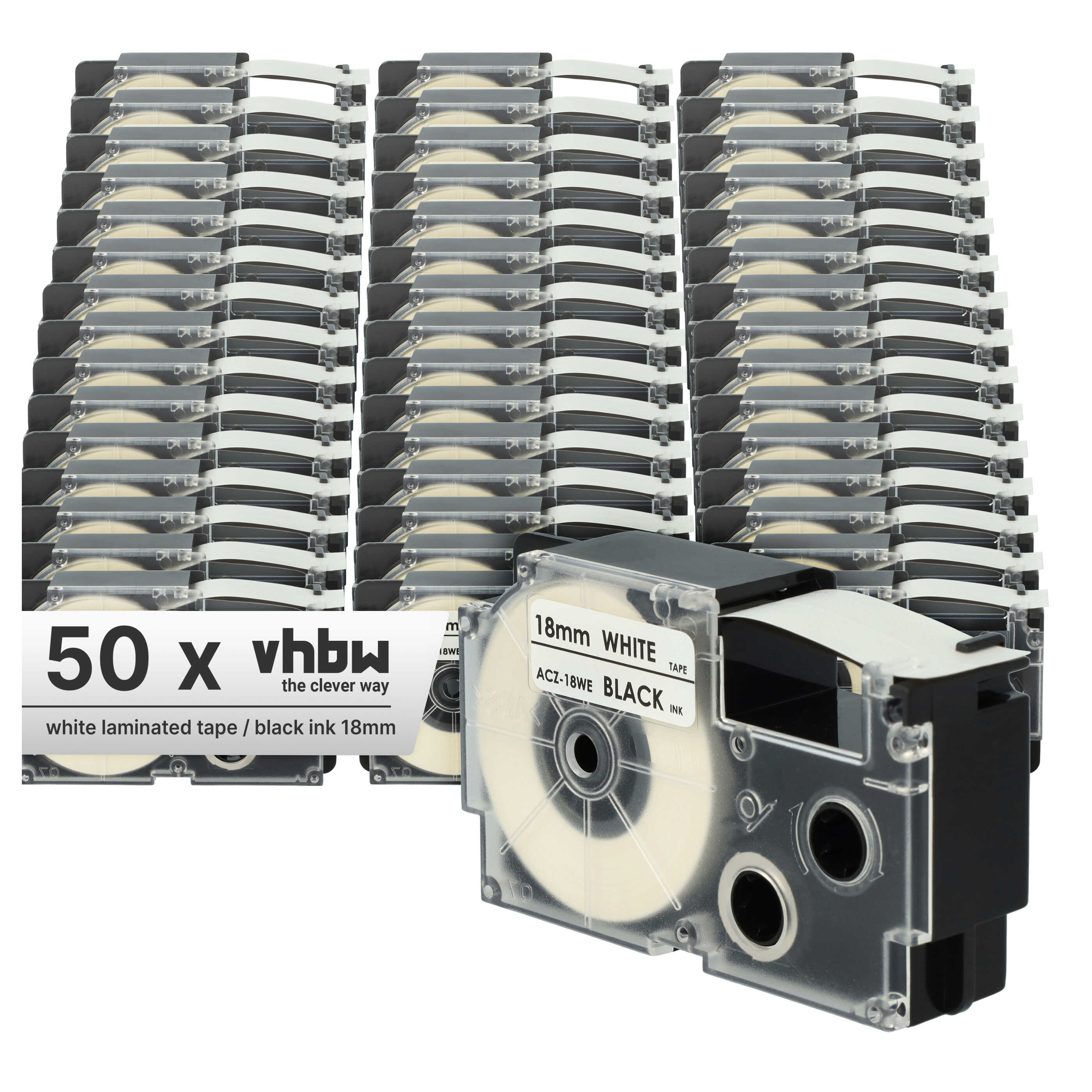 50x Label Tape replaces Casio XR-18WE, XR-18WE1 - 18 mm Black to White