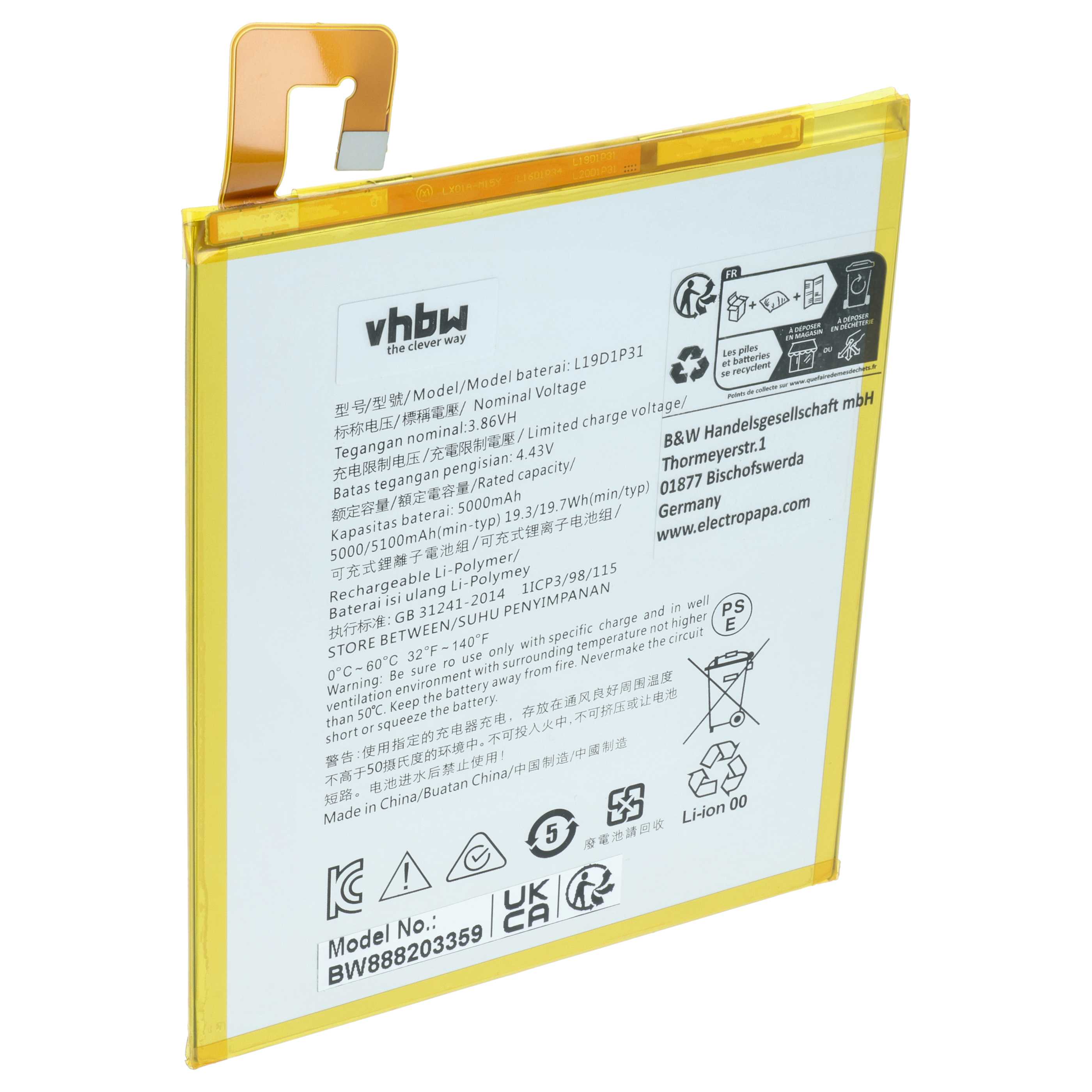 Batteria per tablet sostituisce Lenovo L19D1P31 - 5000mAh 3,86V Li-Poly
