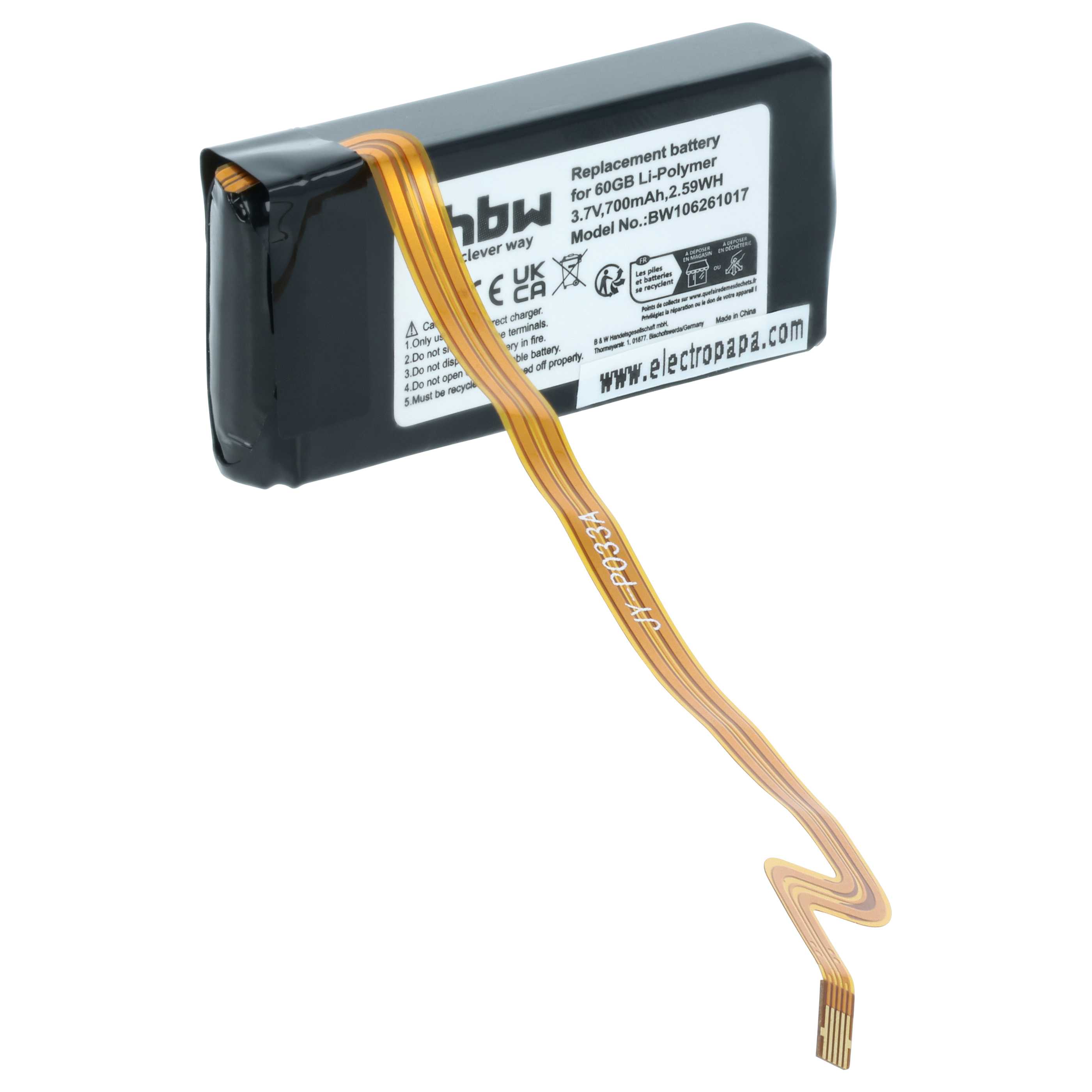 MP3-Player-Akku als Ersatz für Apple 616-0232, B5LAA, 696-0106, B6DAH für Microsoft - 700mAh 3,7V Li-Polymer
