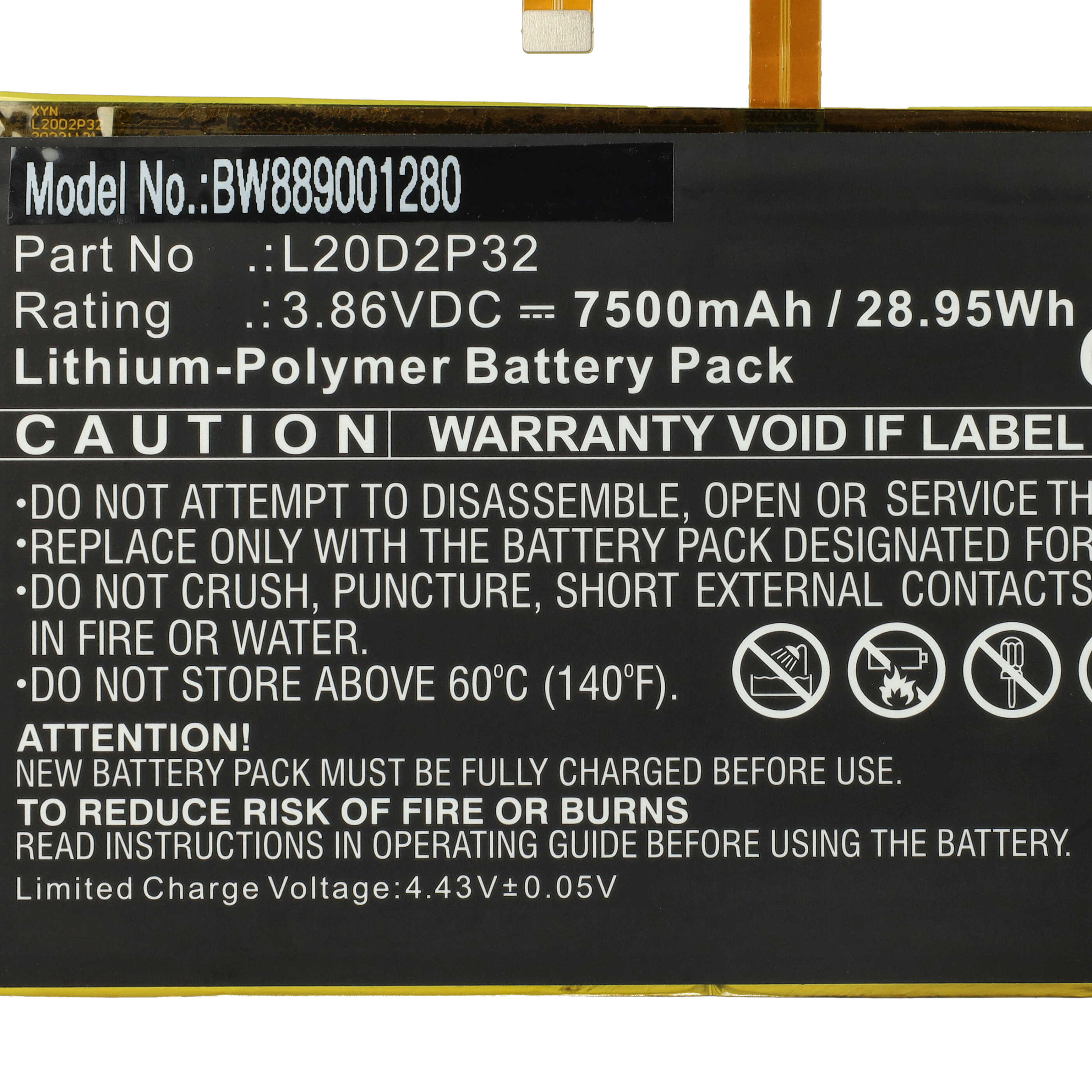 Batería reemplaza Lenovo L20D2P32 para tablet, Pad Lenovo - 7500 mAh 3,86 V Li-poli