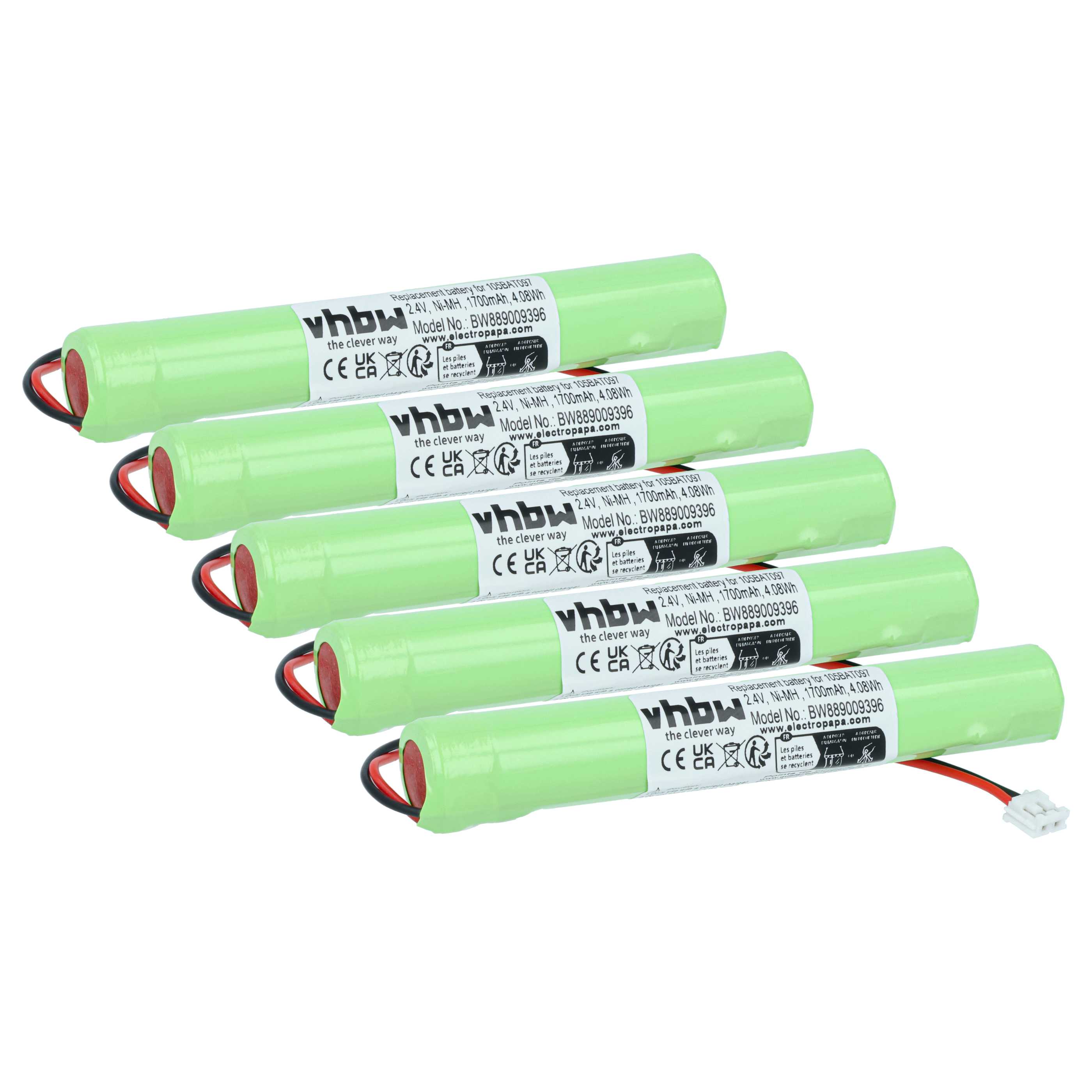 Emergency Light 5x Battery replaces Kaufel 105BAT091 (Ni-Cd), 105BAT097 - 1700 mAh 2.4 V NiMH + cable