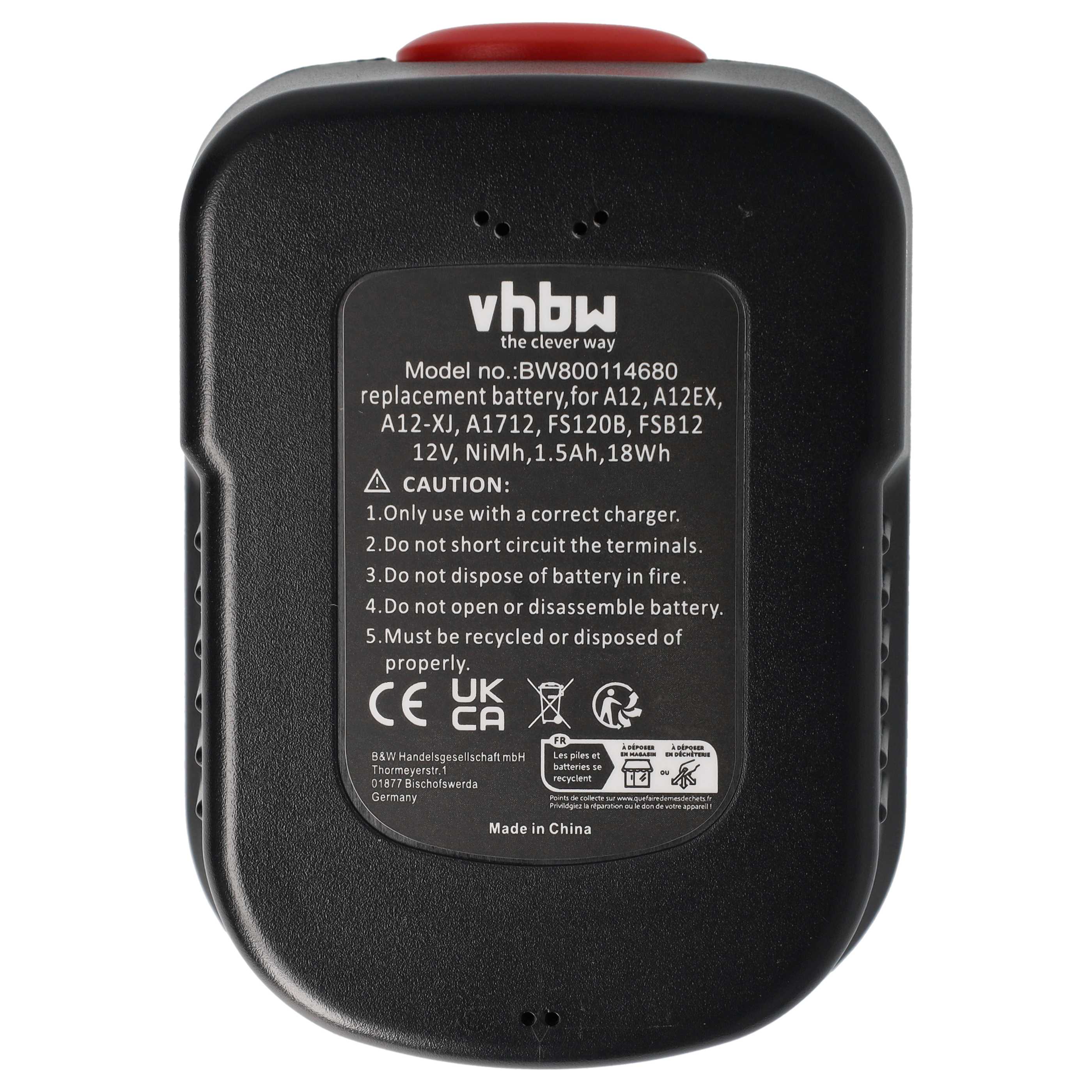 2x Battery replaces Black & Decker A12, A12, A12EX, A12E, A12-XJ Electric Power Tool - 1500 mAh, 12 V, NiMH