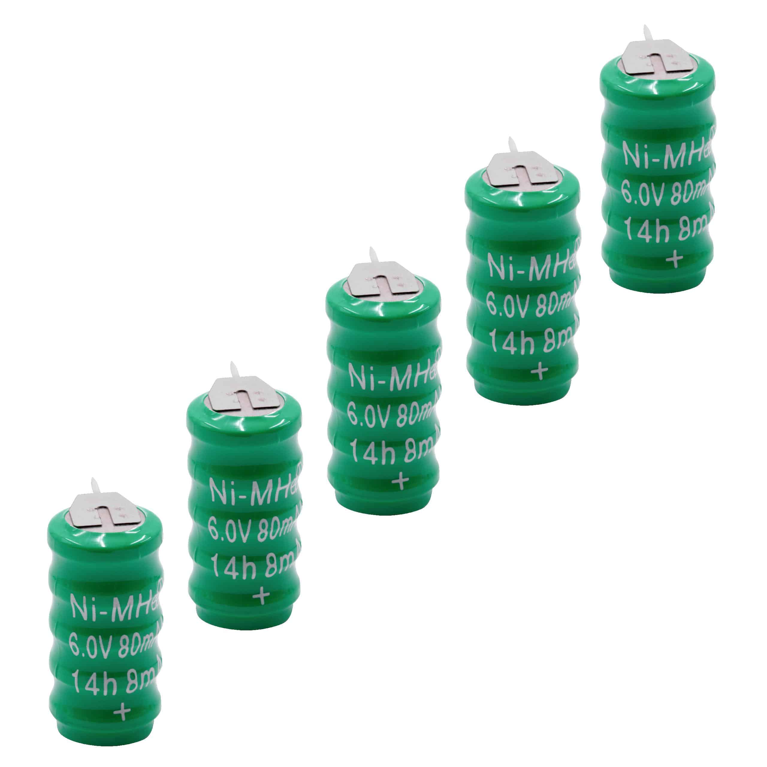 5x Button Cell Battery (5x Cell) Type V80H 3 Pins for Model Building Solar Lamps etc. - 80mAh 6V NiMH