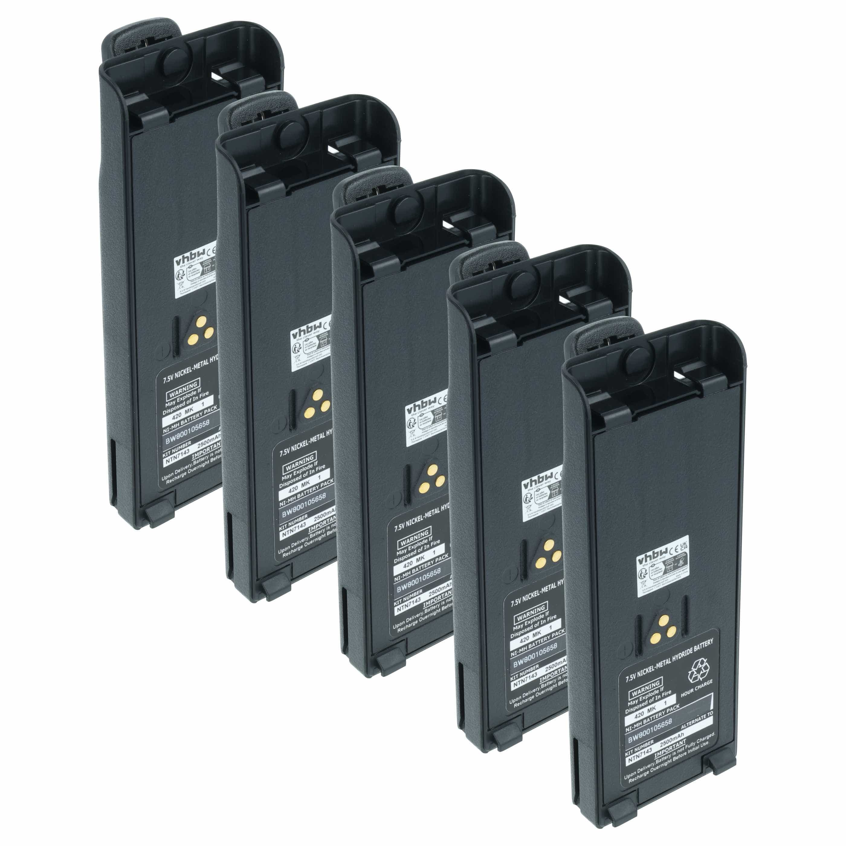 Radio 5x Battery replaces Motorola NTN7143, NTN7143CR, NTN7143B, NTN7143A - 2500 mAh 7.5 V NiMH + Belt Clip