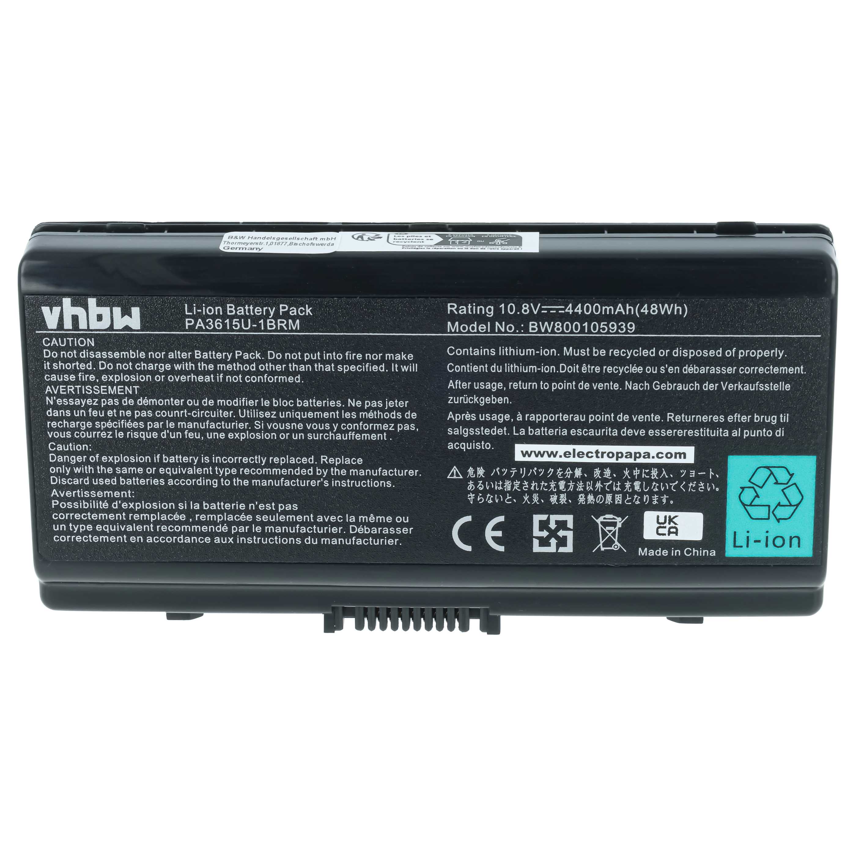Batterie remplace Toshiba PA3615U-1BRM pour ordinateur portable Toshiba- 4400mAh 10,8V Li-ion, noir