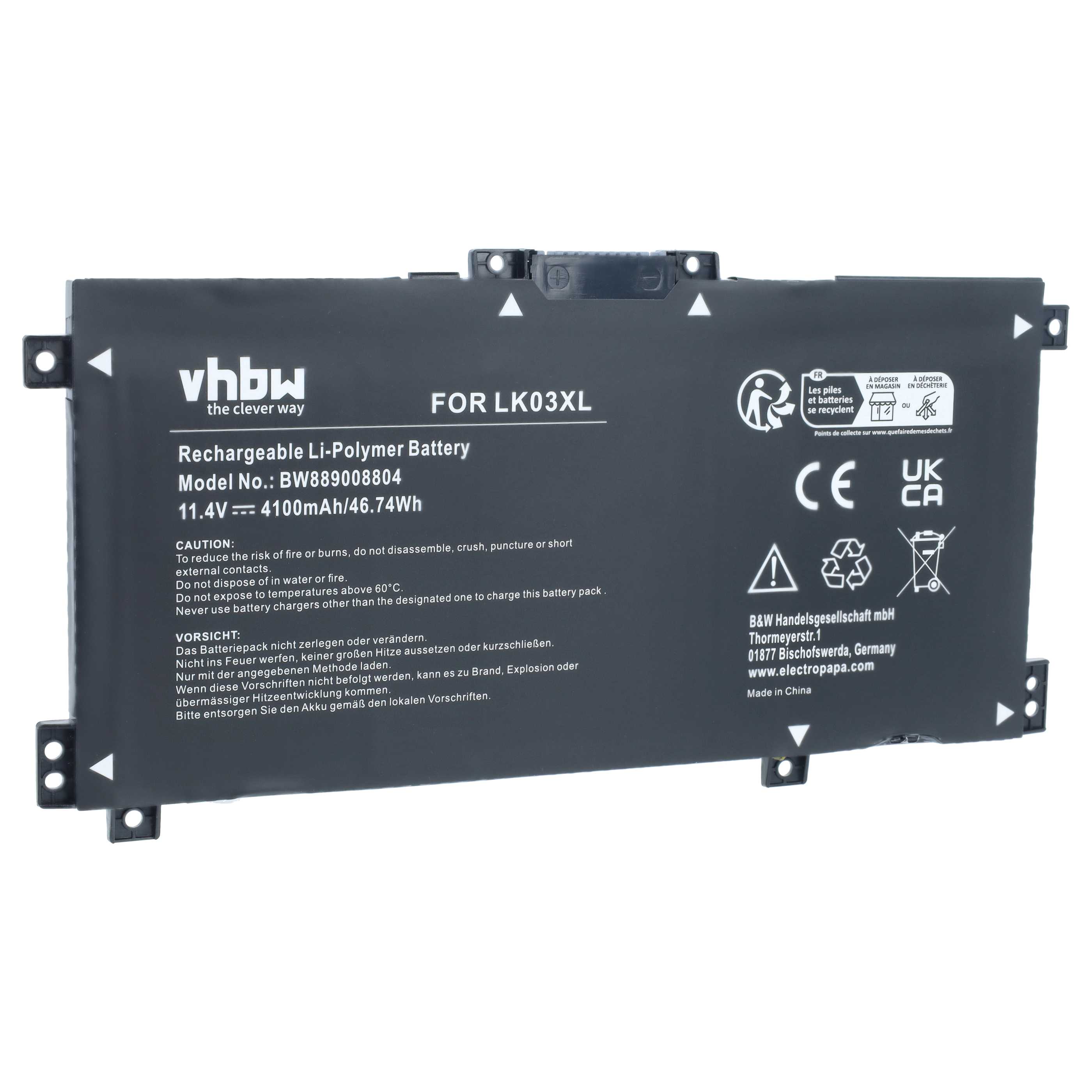 Notebook-Akku als Ersatz für HP 916368-541, 916814-855 für HP - 4100mAh 11,4V Li-Polymer, schwarz