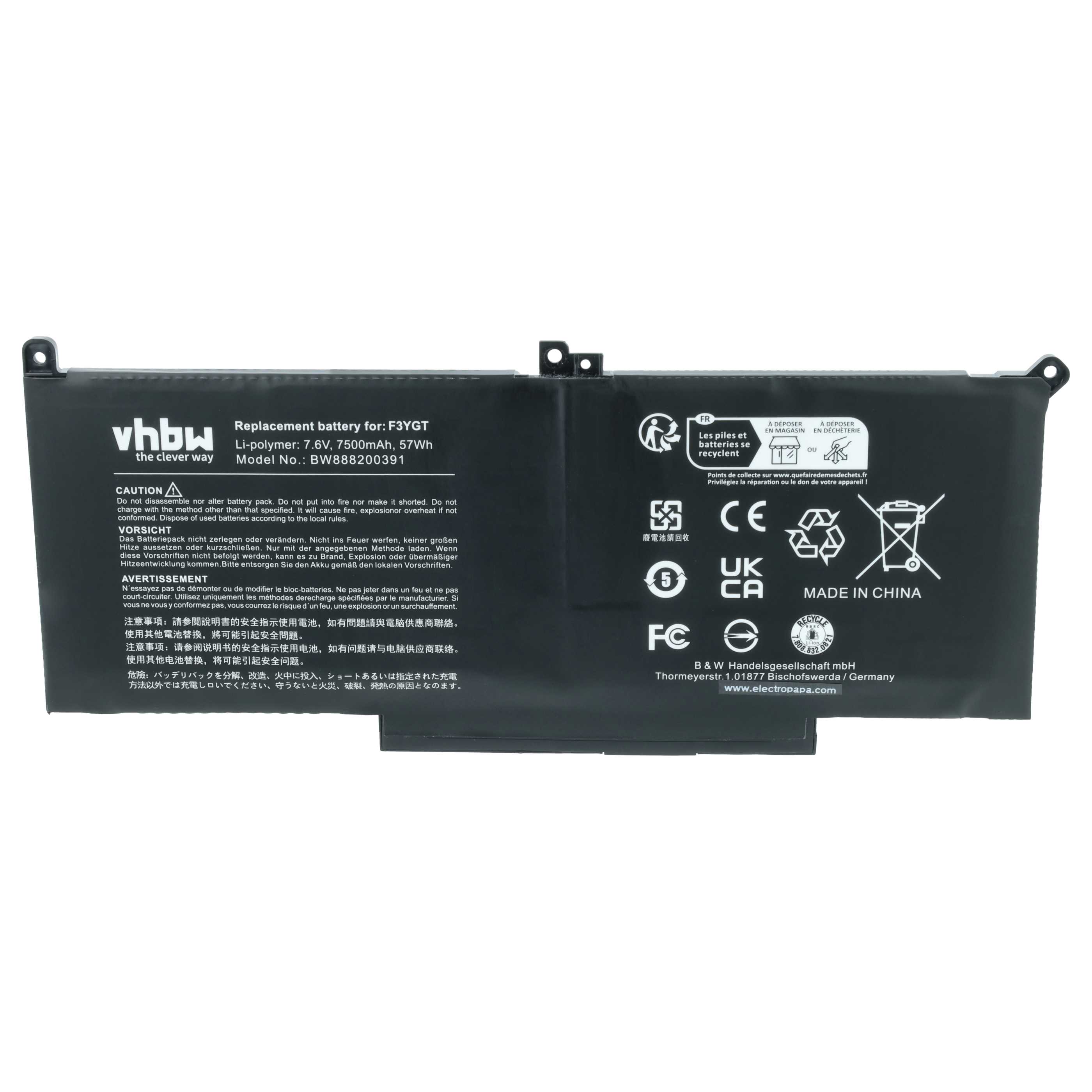 Batteria sostituisce Dell 0F3YGT, 2X39G, 0MYJ96, 0F3YGTY, 0DM3WC per notebook - 7500mAh 7,6V Li-Ion nero