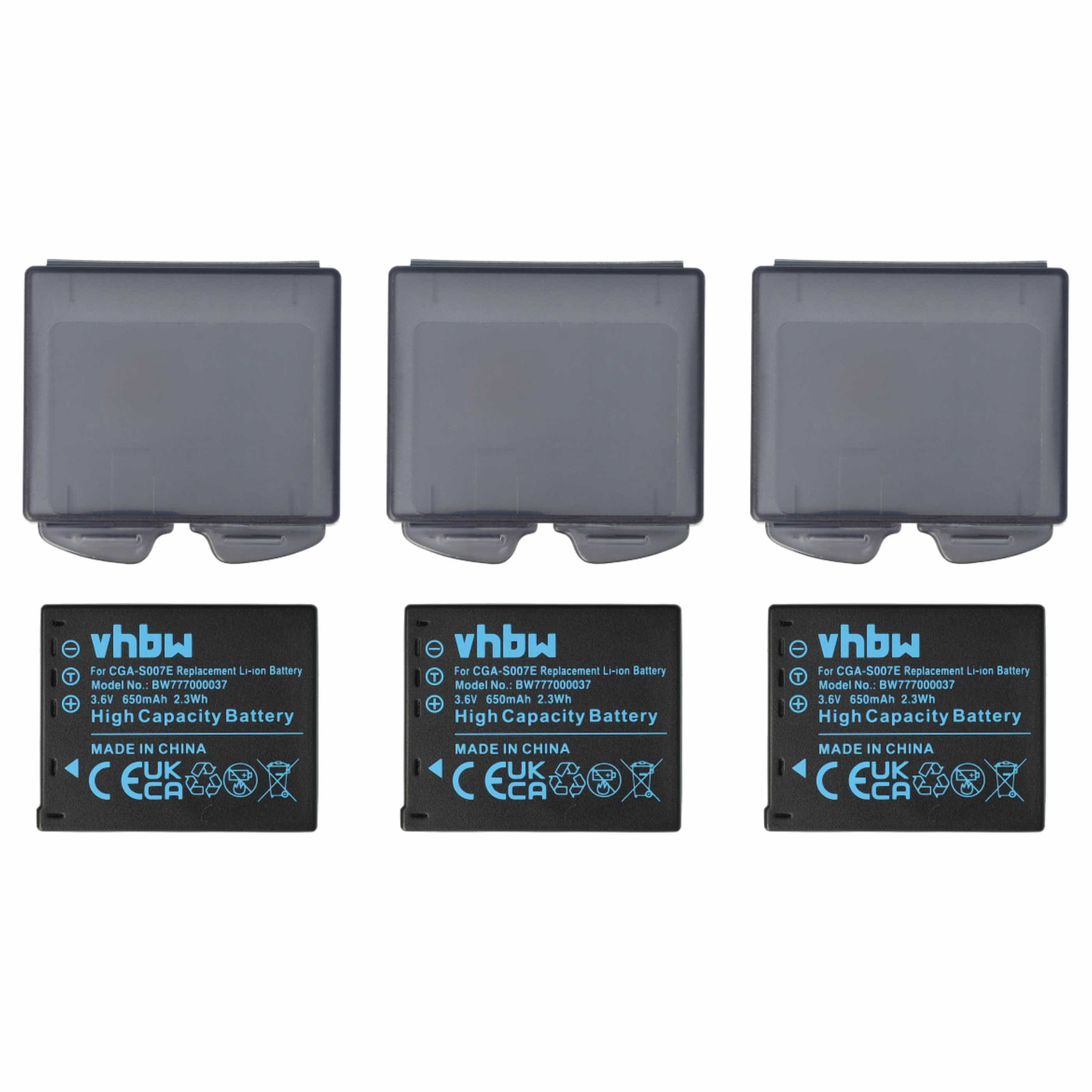 3x Battery replaces Panasonic DMW-BCD10, CGA-S007E, CGA-S007, CGA-S007A/B, CGA-S007A/1B - 650mAh, 3.6V, Li-Ion