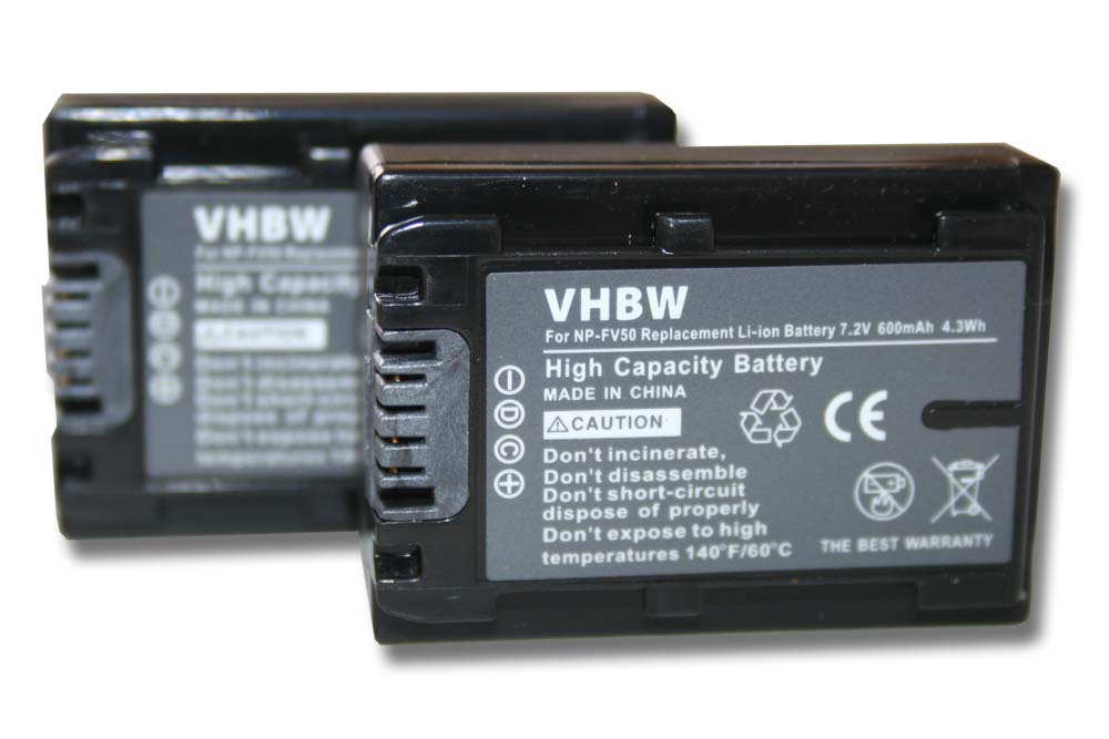 Batteries (2x pièces) remplace Sony NP-FV30 pour caméscope - 600mAh 7,2V Li-ion avec puce