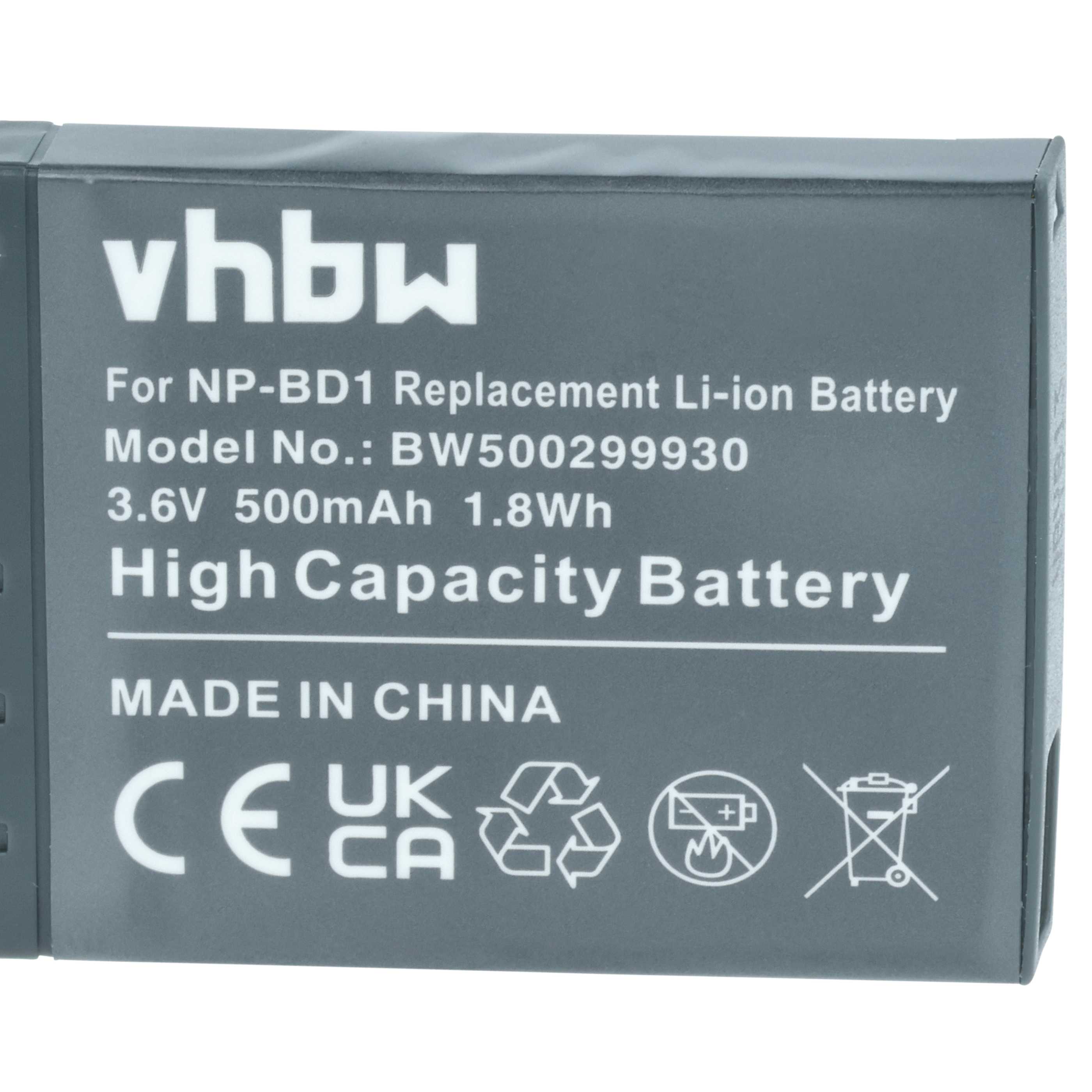 Battery replaces Sony NP-BD1, NP-FD1 - 500mAh, 3.6V, Li-Ion