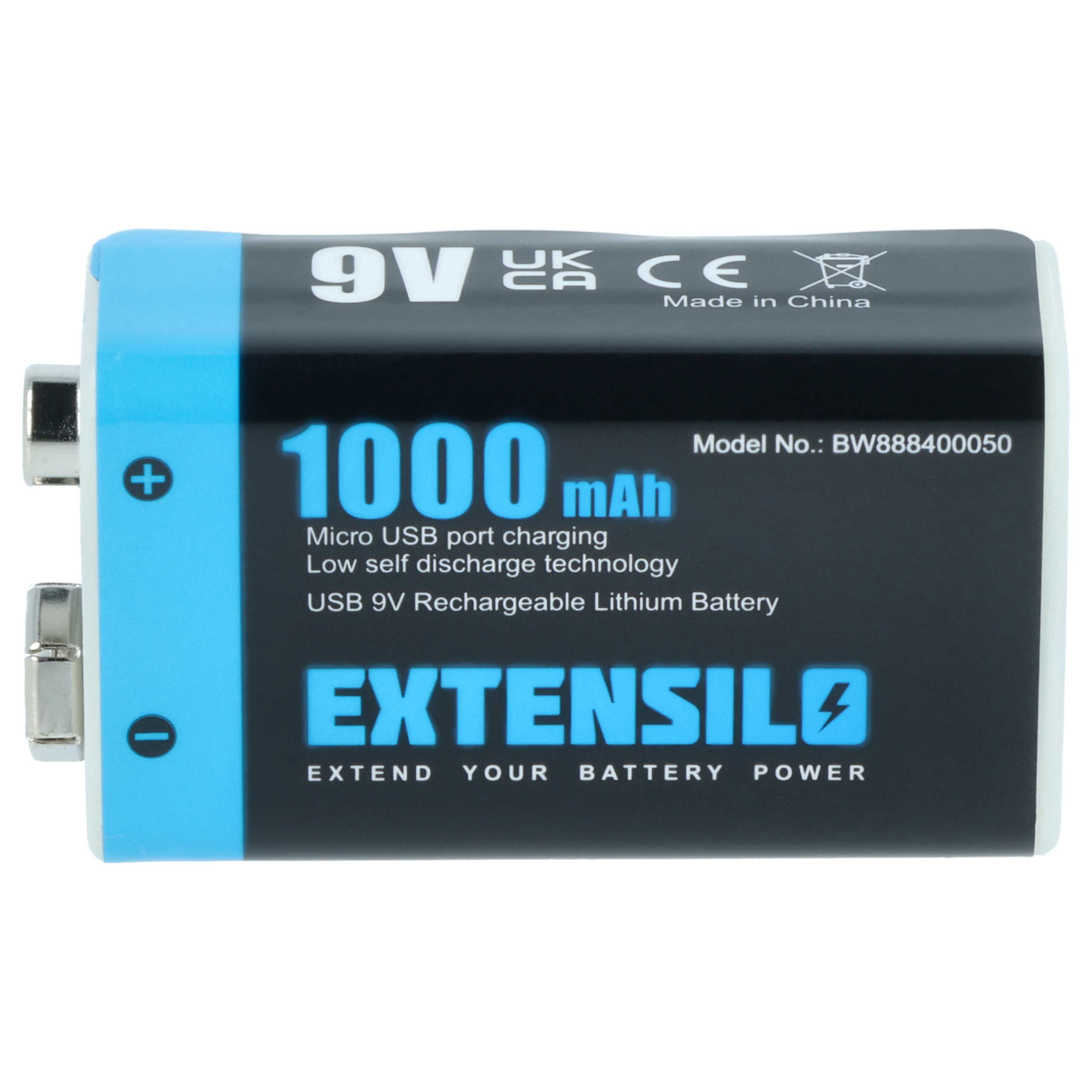 9V Block 4x Battery replaces Daitem BATV13 Alarm Systems & Various Devices - 1 Ah 9 V Li-Ion + Micro USB Port