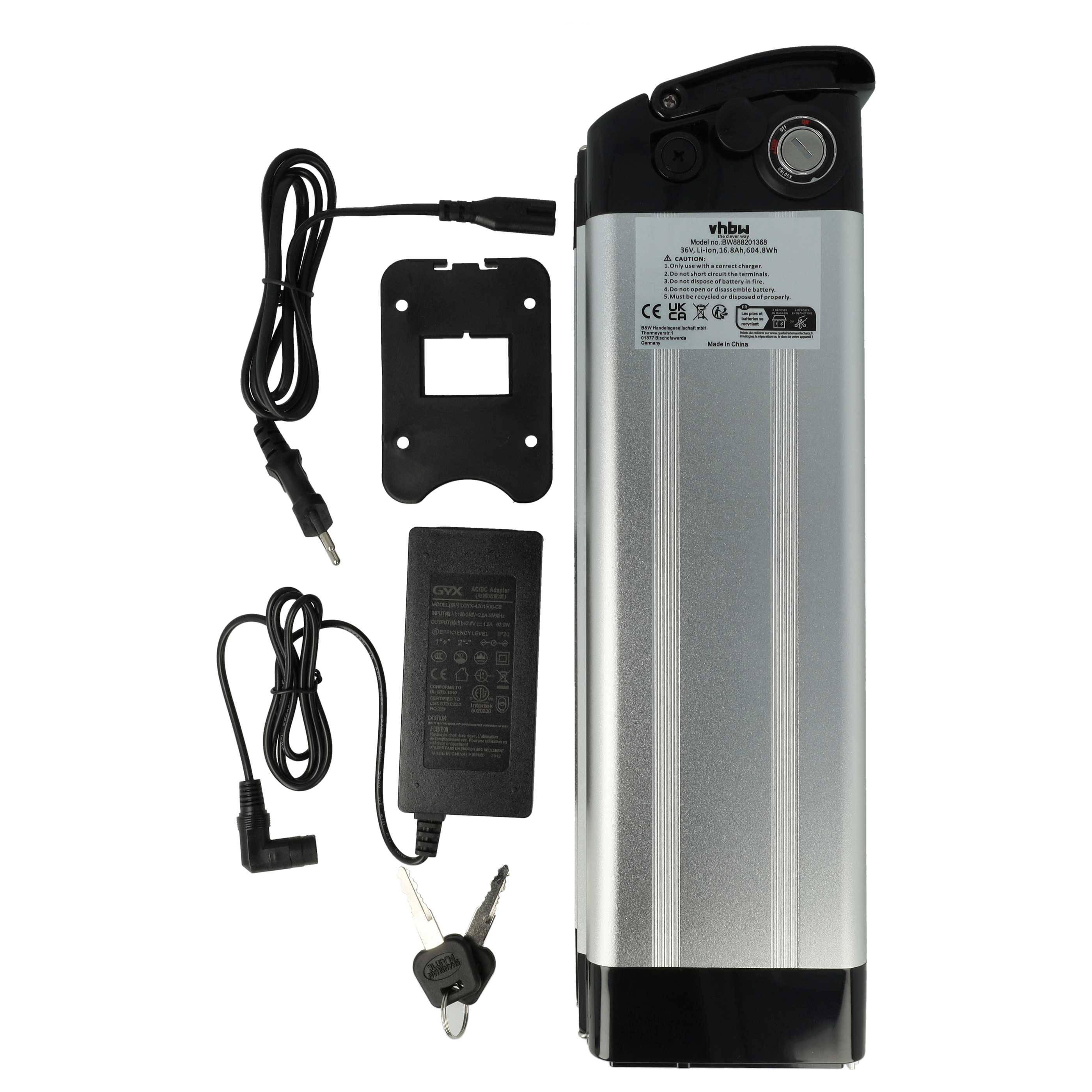 E-Bike Seat Tube Battery - 16.8 Ah 36 V Li-Ion, incl. Charger
