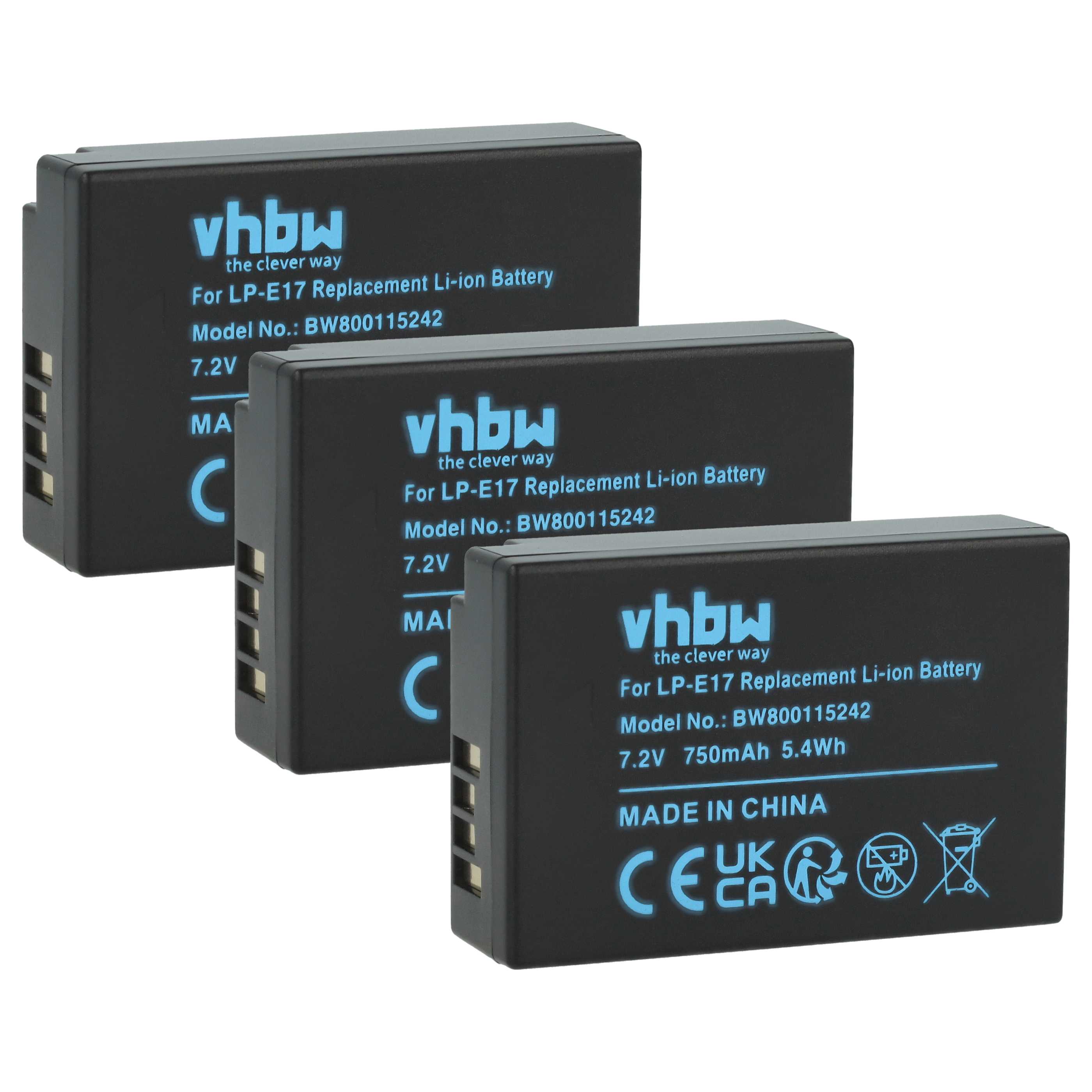 3x Battery replaces Canon LP-E17 - 750mAh, 7.2V, Li-Ion