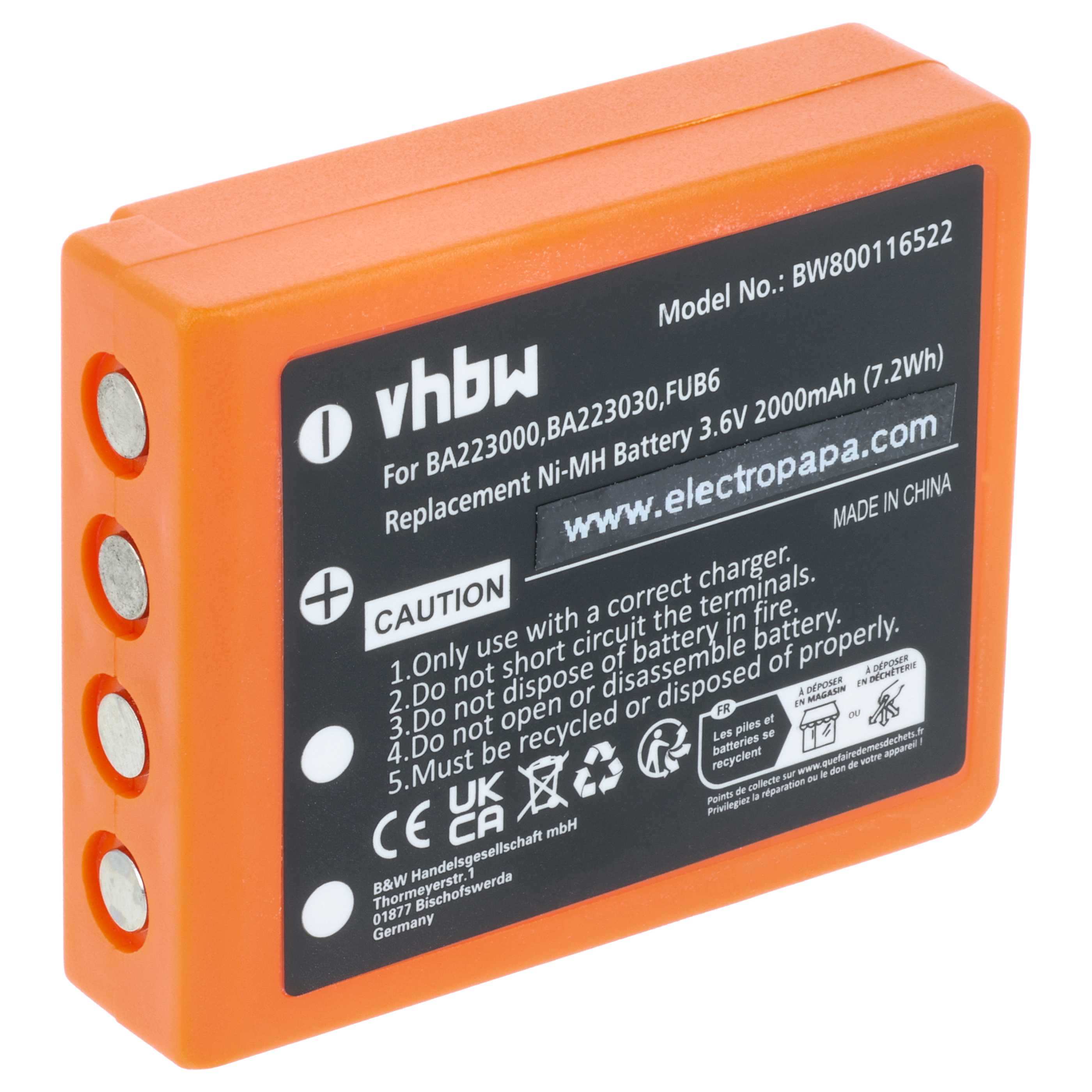 Battery as Replacement for HBC BA223031, BA223001, BA223000, BA223030 Remote Control - 2000 mAh 3.6 V NiMH