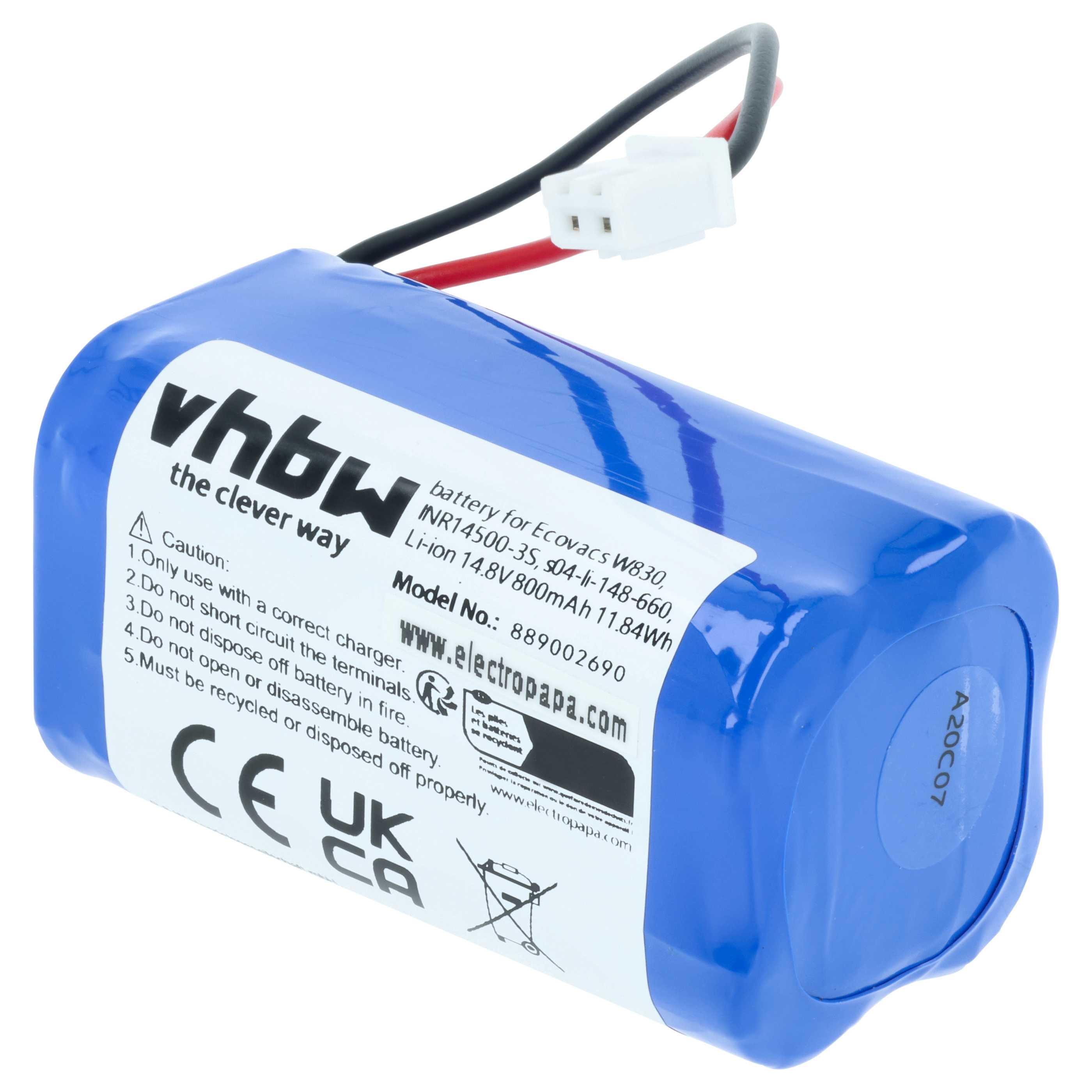 Battery replaces Ecovacs s04-li-148-660, 10001029, 10000605 for Ecovacs 800mAh, 14.8V, Li-Ion