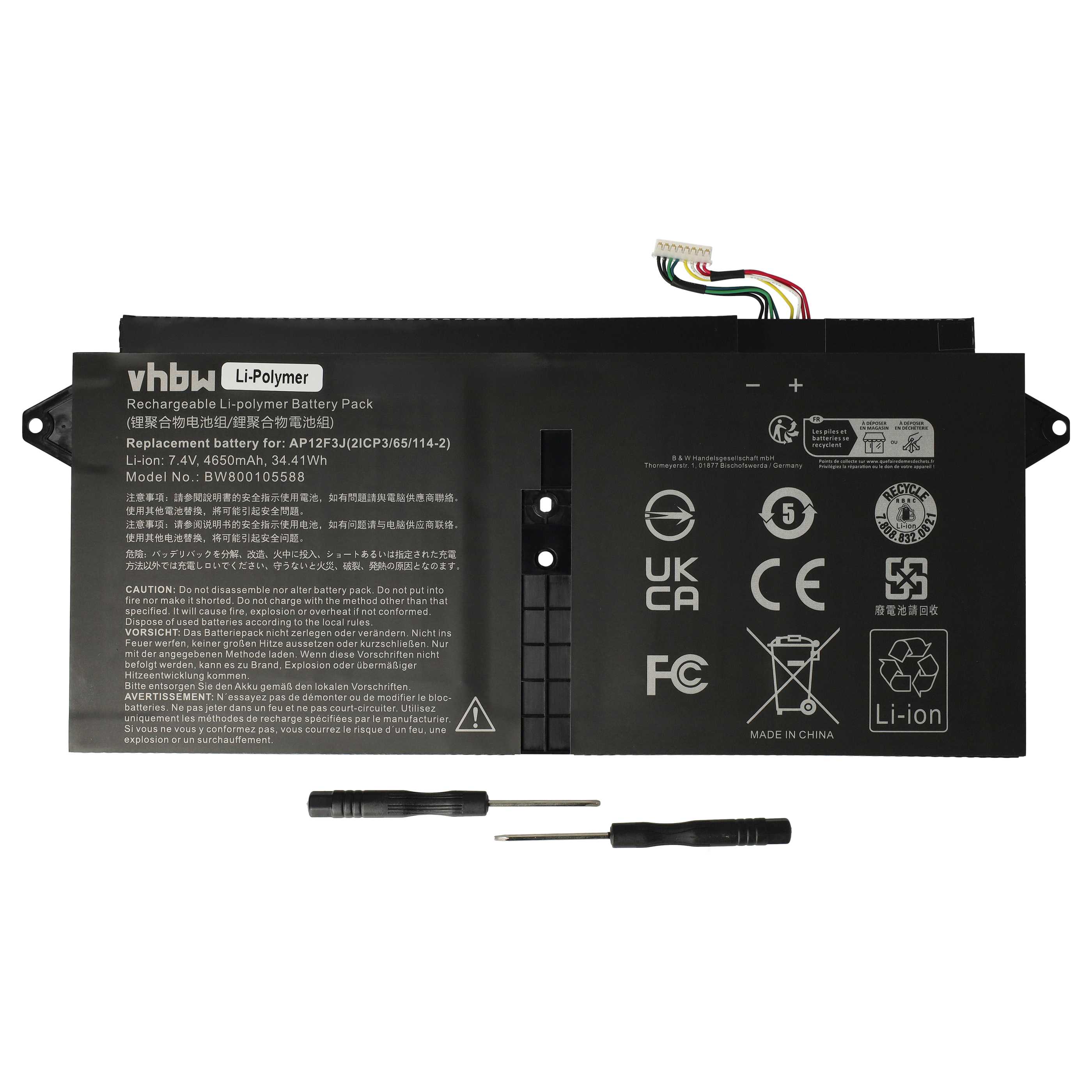 Notebook-Akku als Ersatz für Acer KT.00403.009, AP12F3J, 2ICP3/65/114-2 - 4650mAh 7,4V Li-Polymer, schwarz