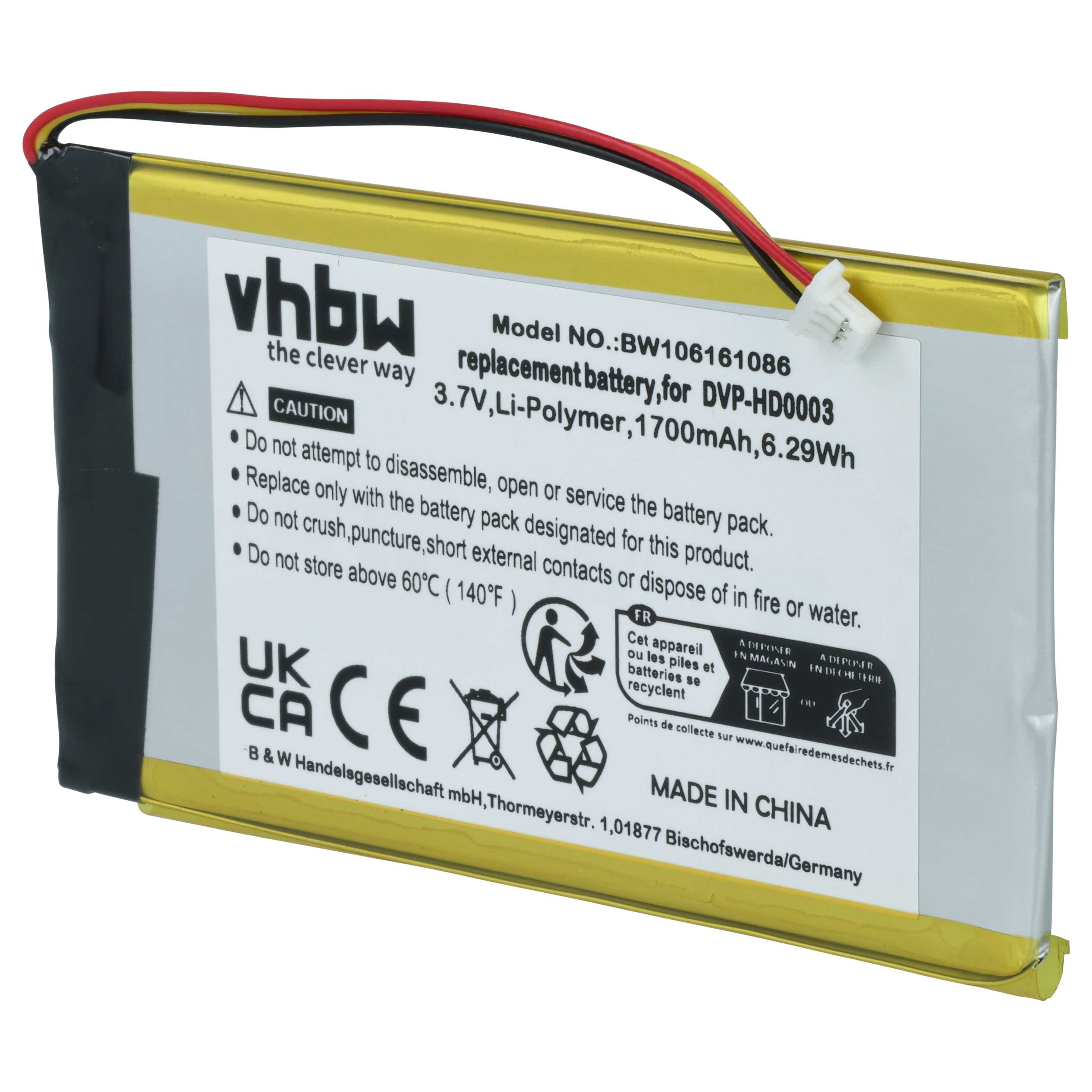 MP3-Player Battery replaces Creative Labs LPCS285385, BA20603R79914, DVP-HD0003 - 1700 mAh 3.7 V Li-polymer