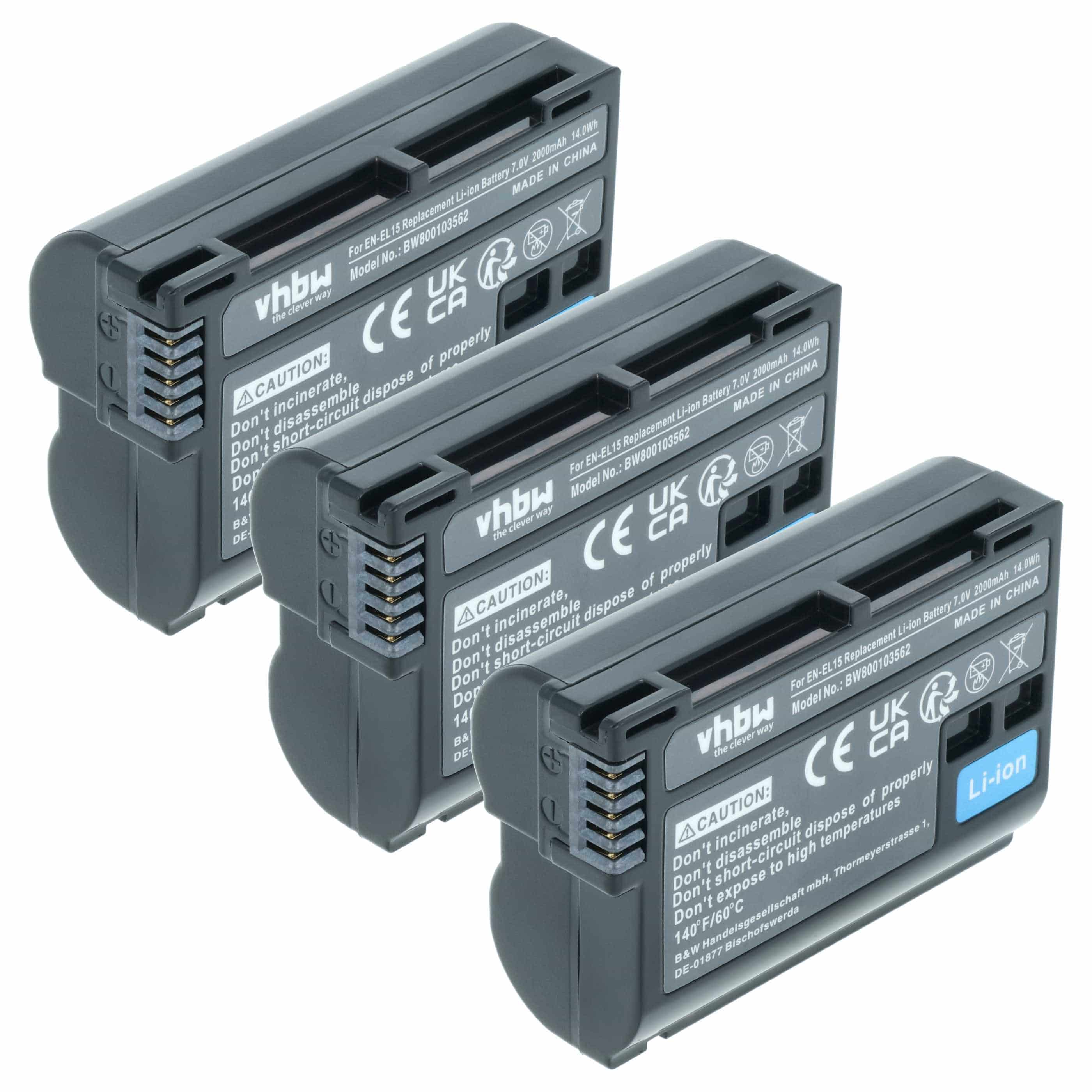 3x Battery replaces Nikon EN-EL15, EN-EL15b, EN-EL15A, EN-EL15c - 2000mAh, 7V, Li-Ion with Info Chip