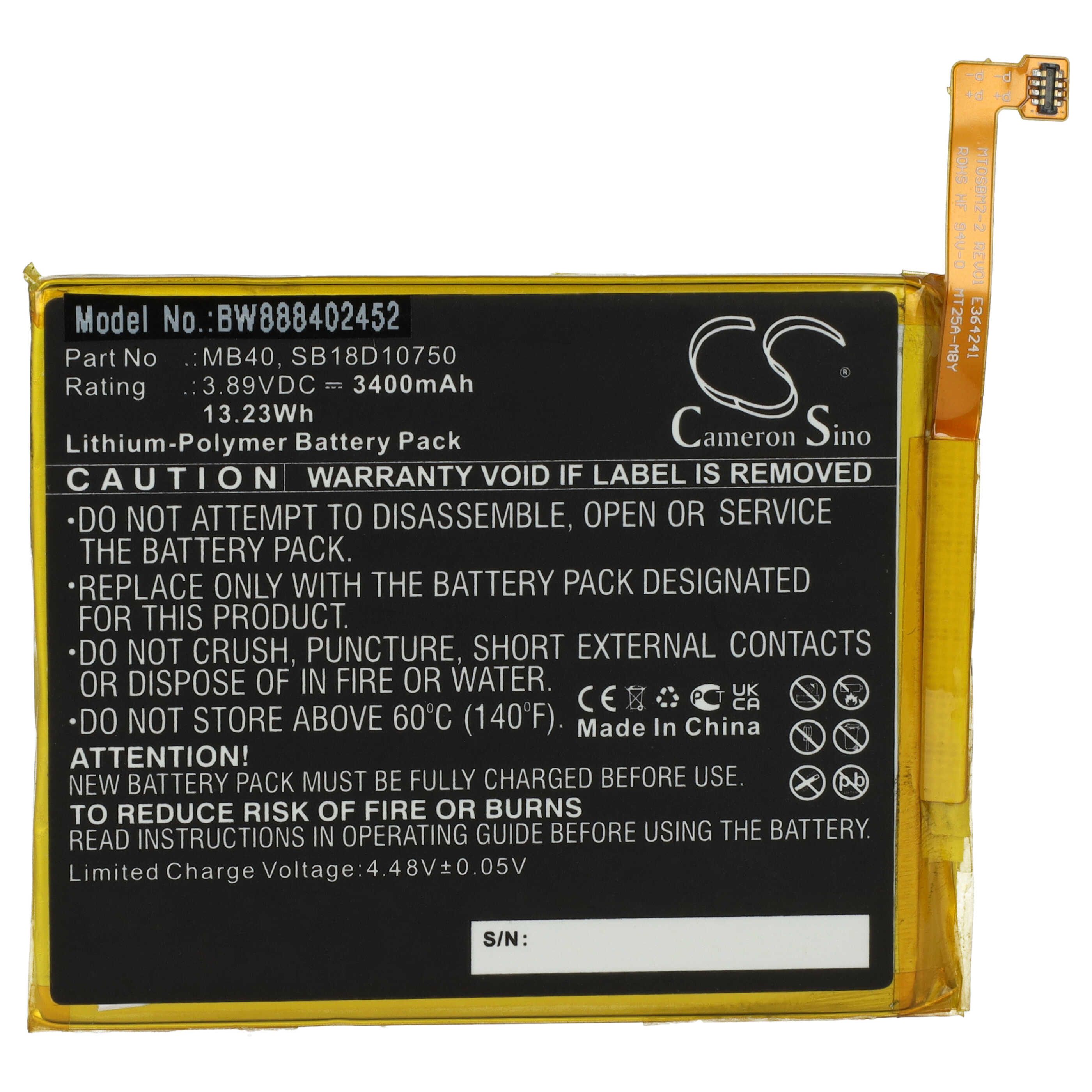 Mobile Phone Battery Replacement for Motorola SB18D10750, MB40 - 3400mAh 3.89V Li-polymer