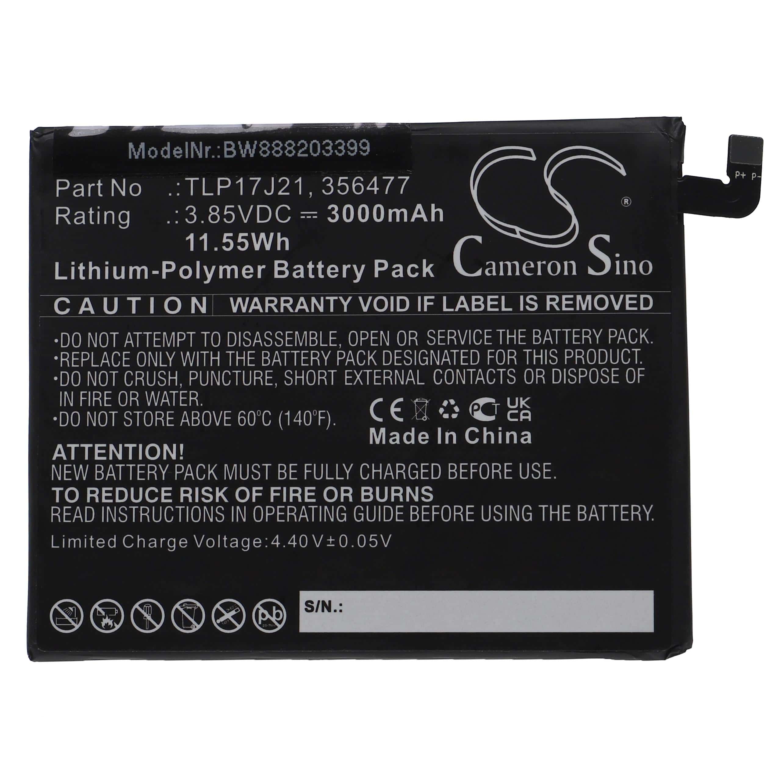 Batterie remplace Wiko TLP17J21, 356477 pour téléphone portable - 3000mAh, 3,85V, Li-polymère